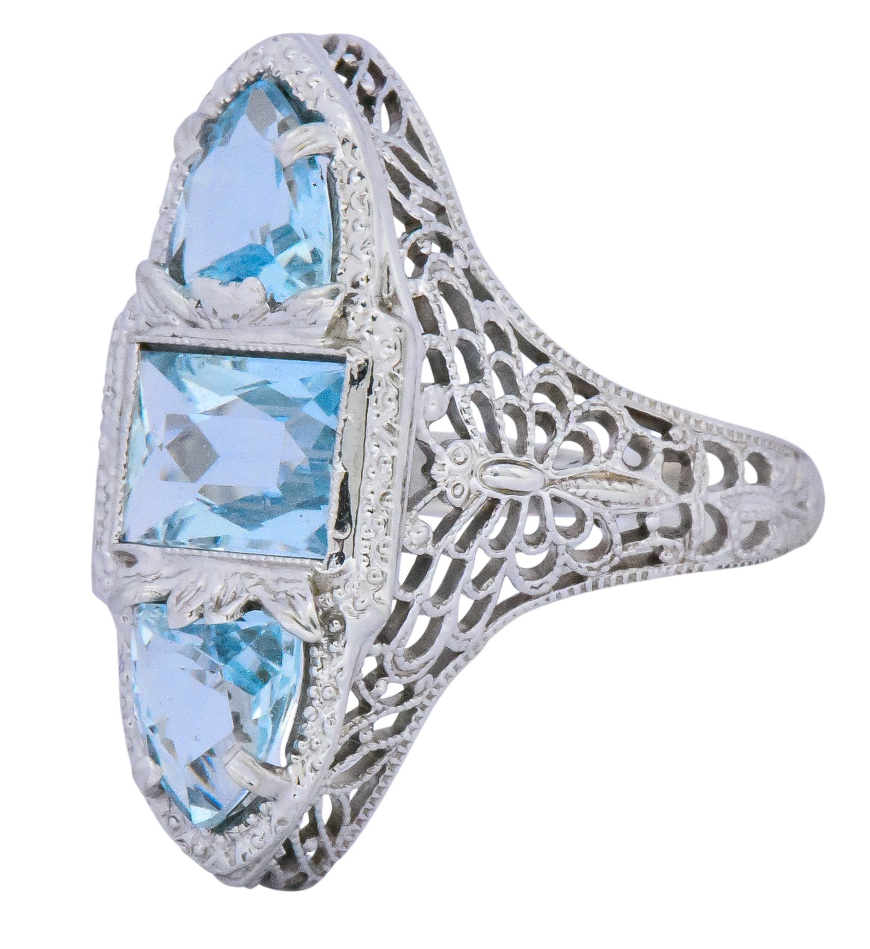 Edwardian 1.75 CTW Aquamarine Dragonfly 14 Karat White Gold Cocktail Ring Wilson's Estate Jewelry