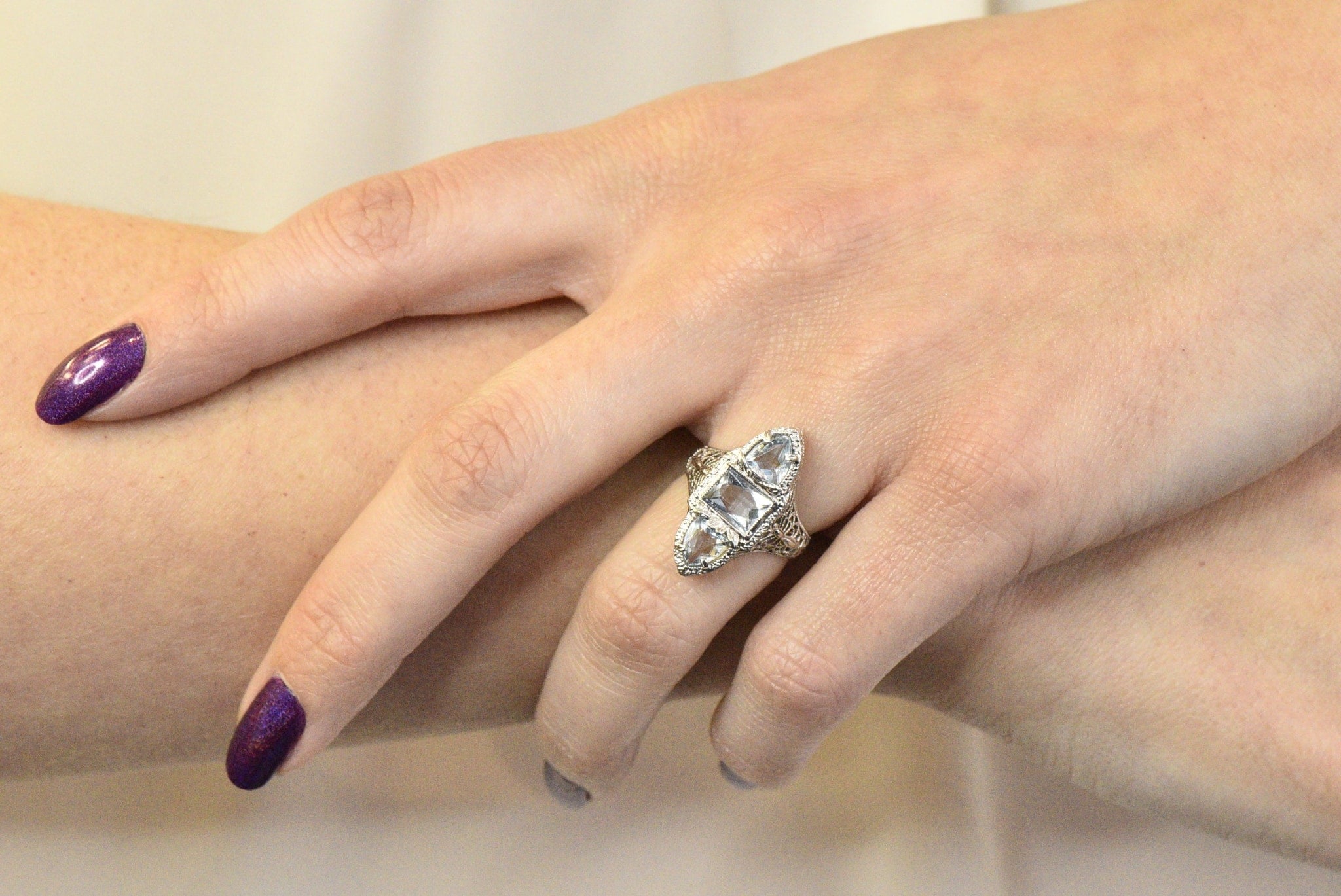 Edwardian 1.75 CTW Aquamarine Dragonfly 14 Karat White Gold Cocktail Ring Wilson's Estate Jewelry