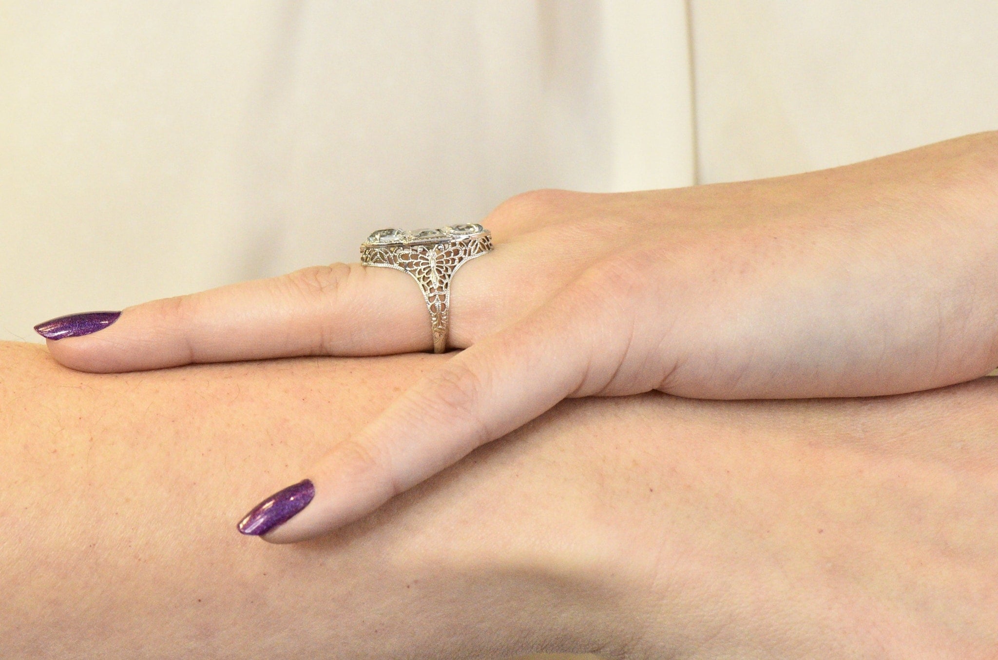 Edwardian 1.75 CTW Aquamarine Dragonfly 14 Karat White Gold Cocktail Ring Wilson's Estate Jewelry