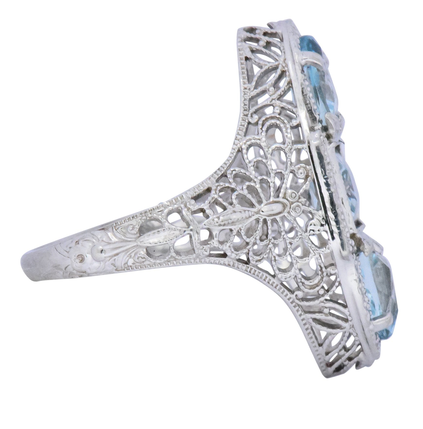 Edwardian 1.75 CTW Aquamarine Dragonfly 14 Karat White Gold Cocktail Ring Wilson's Estate Jewelry