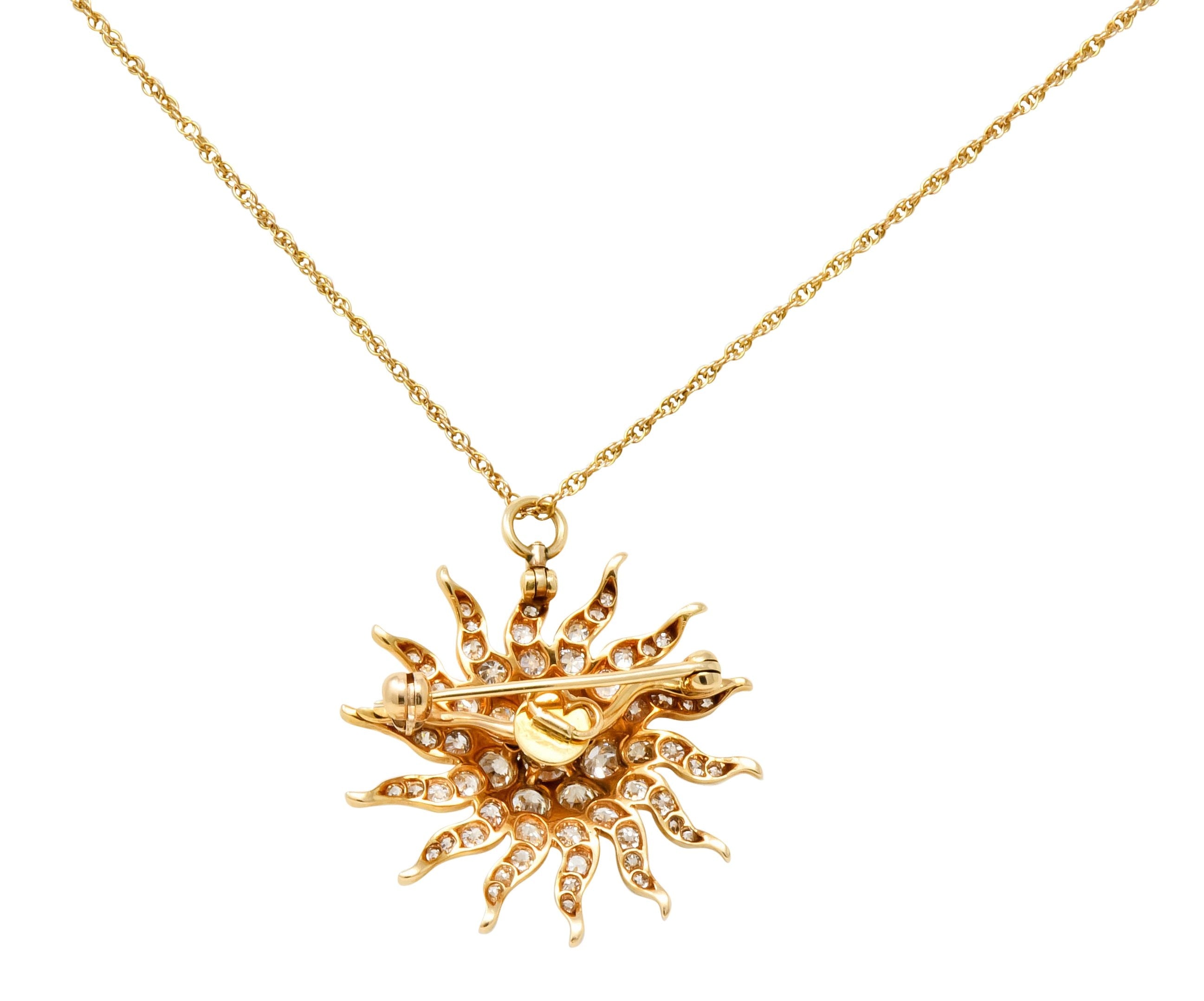 Edwardian 3.10 CTW Diamond 14 Karat Gold Radiant Sunburst Pendant Brooch Necklace - Wilson's Estate Jewelry