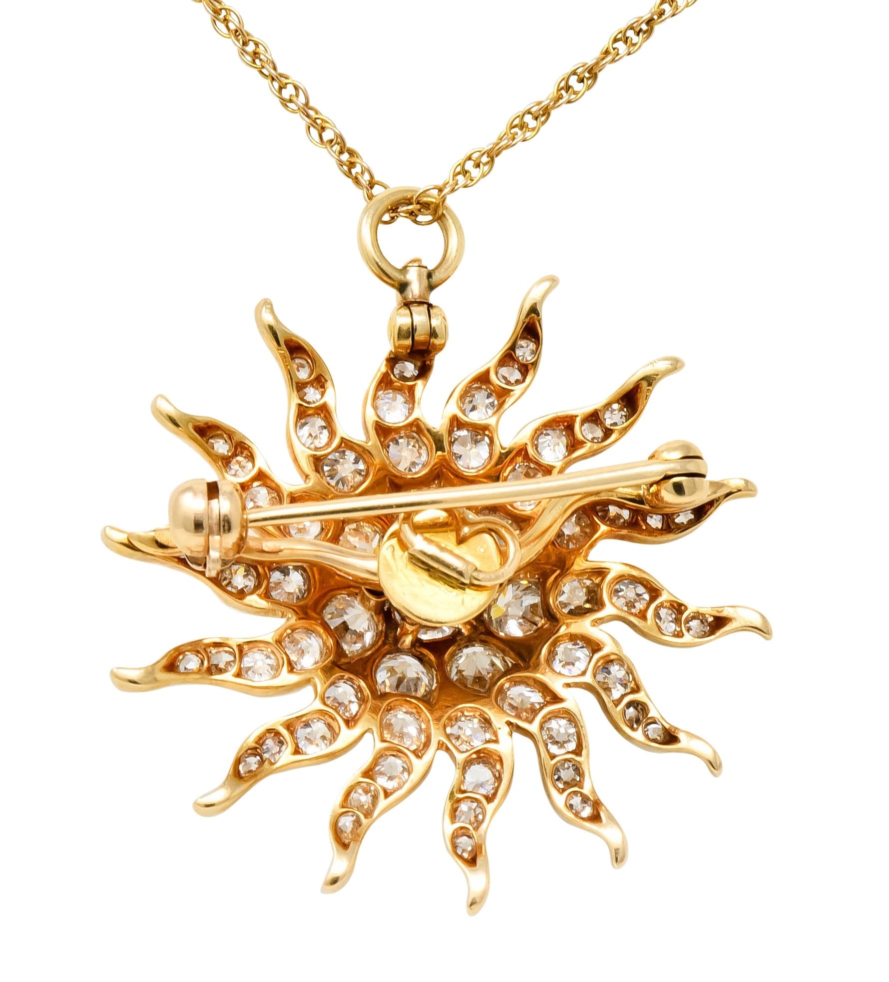 Edwardian 3.10 CTW Diamond 14 Karat Gold Radiant Sunburst Pendant Brooch Necklace - Wilson's Estate Jewelry