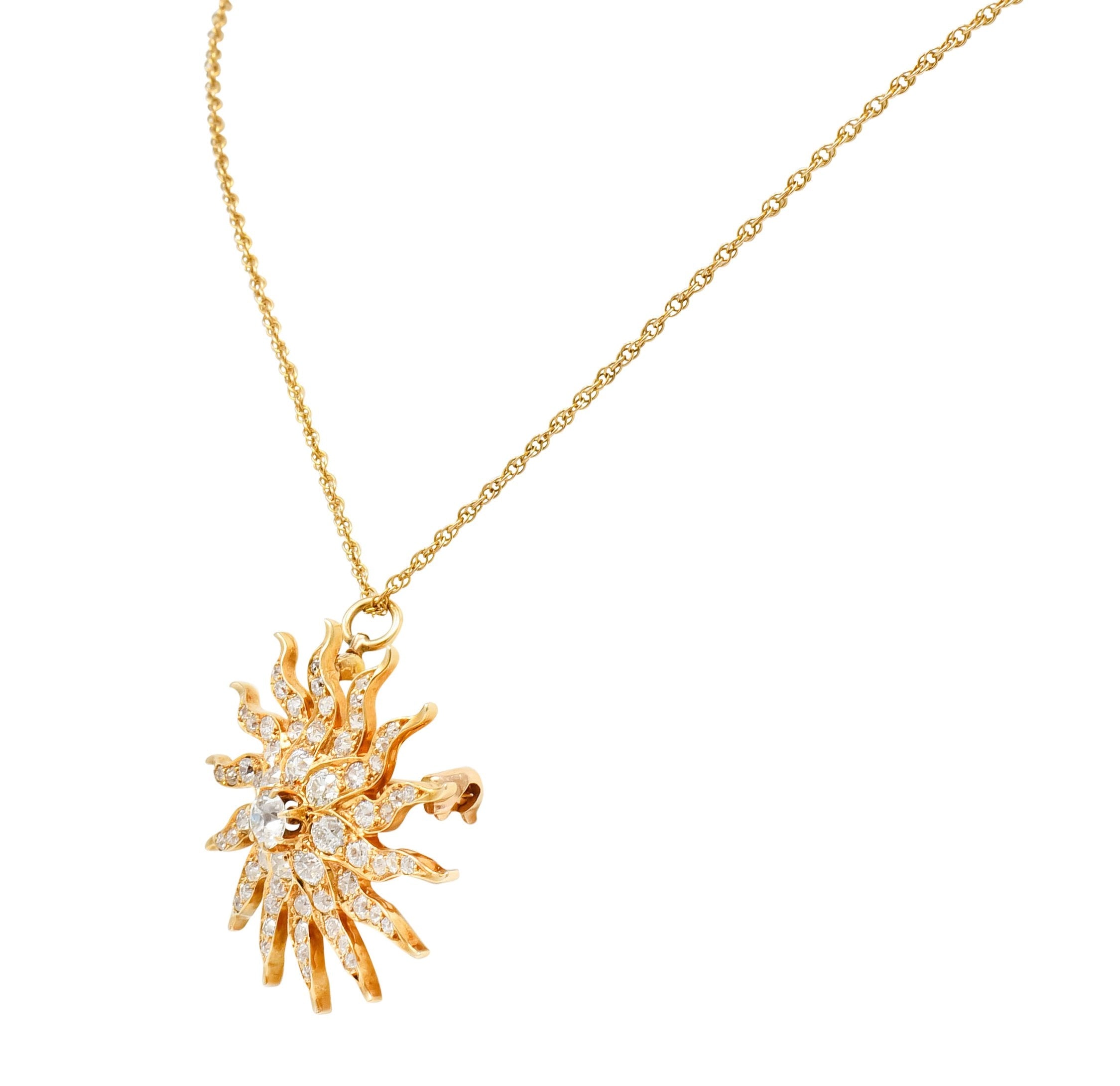 Edwardian 3.10 CTW Diamond 14 Karat Gold Radiant Sunburst Pendant Brooch Necklace - Wilson's Estate Jewelry