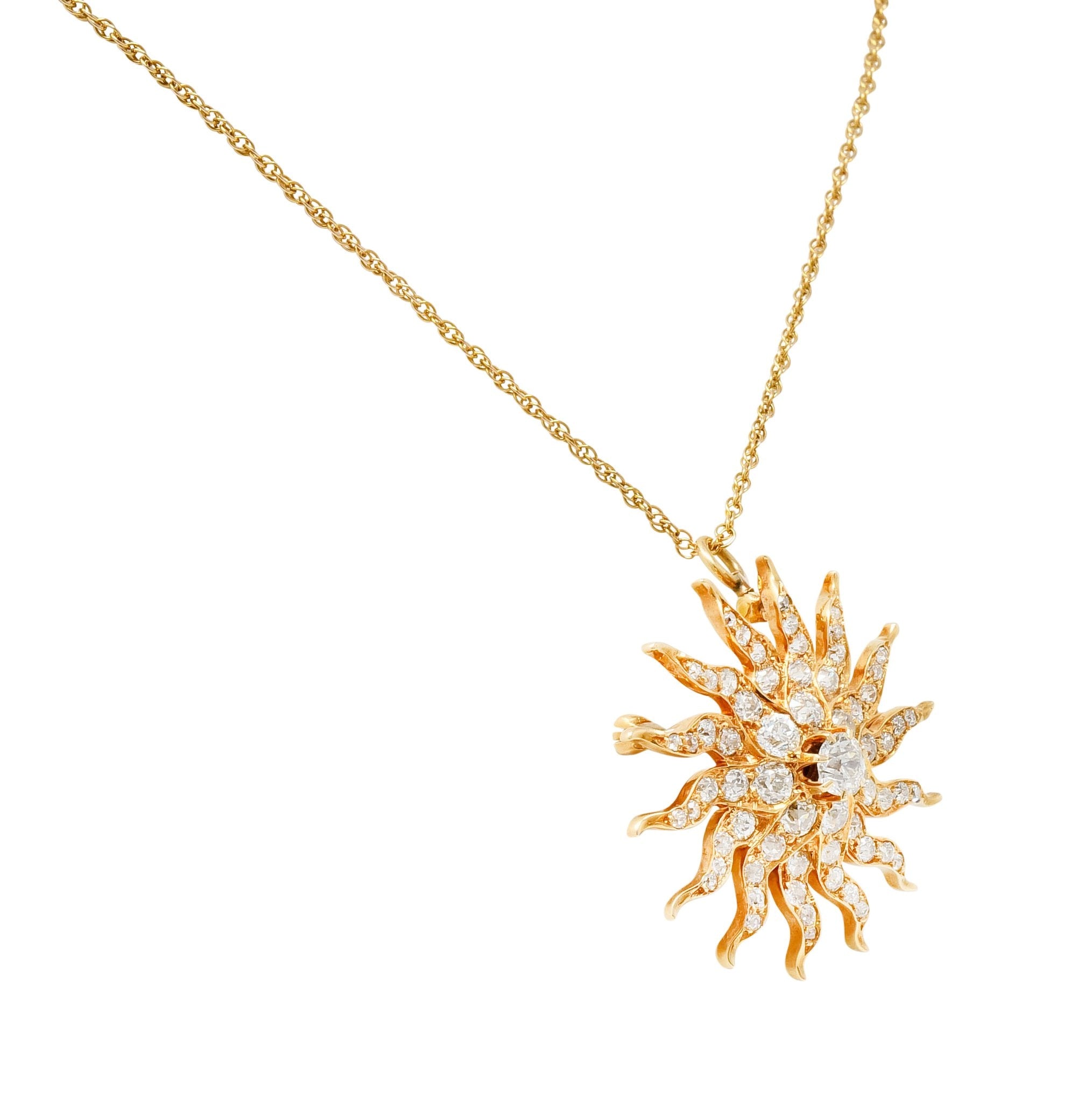 Edwardian 3.10 CTW Diamond 14 Karat Gold Radiant Sunburst Pendant Brooch Necklace - Wilson's Estate Jewelry
