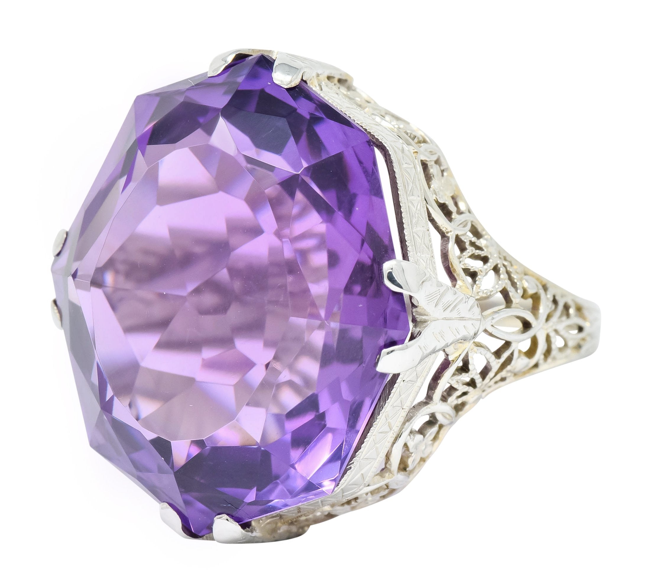 Edwardian Amethyst 18 Karat White Gold Floral Lace Cocktail Ring - Wilson's Estate Jewelry