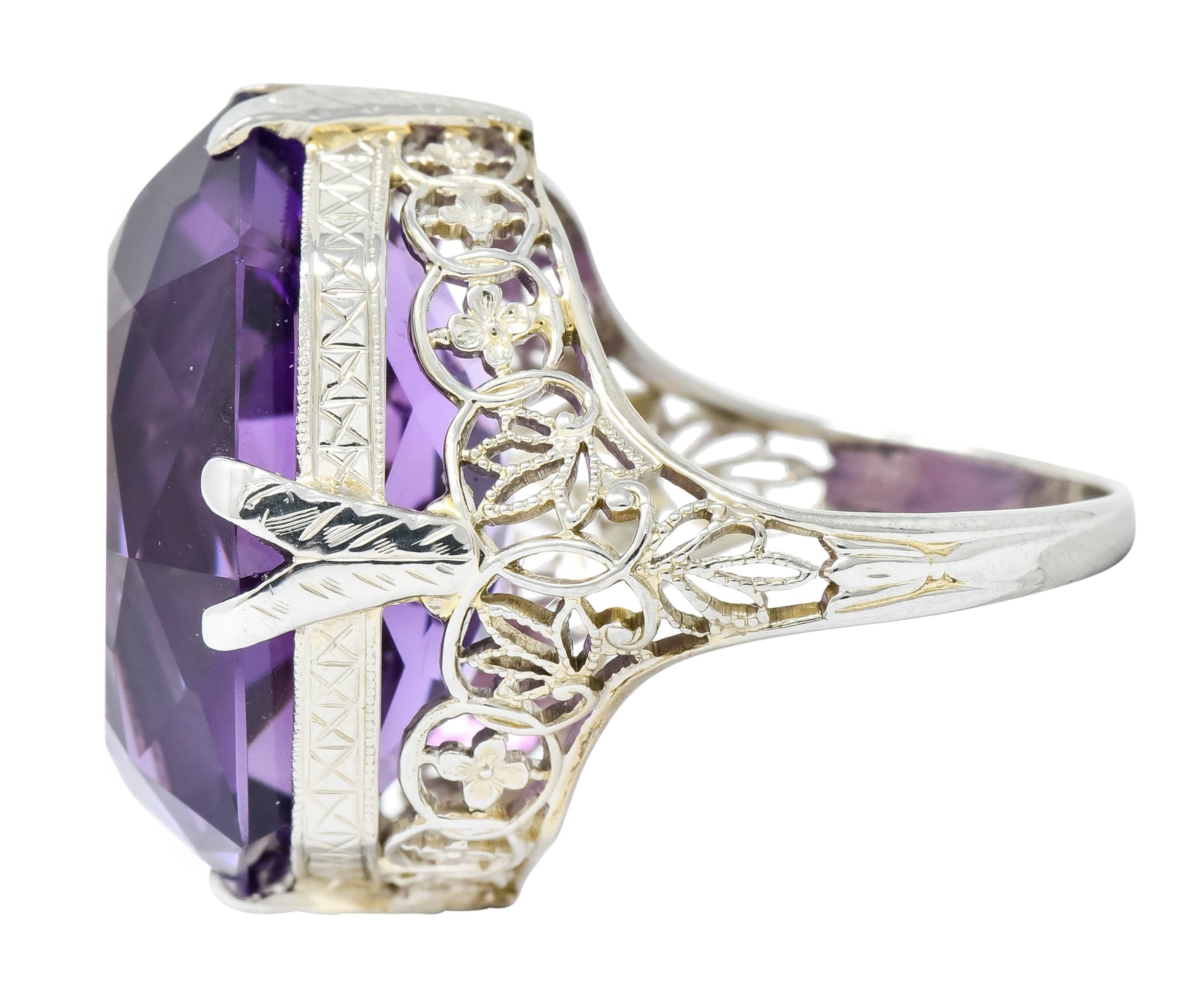 Edwardian Amethyst 18 Karat White Gold Floral Lace Cocktail Ring - Wilson's Estate Jewelry
