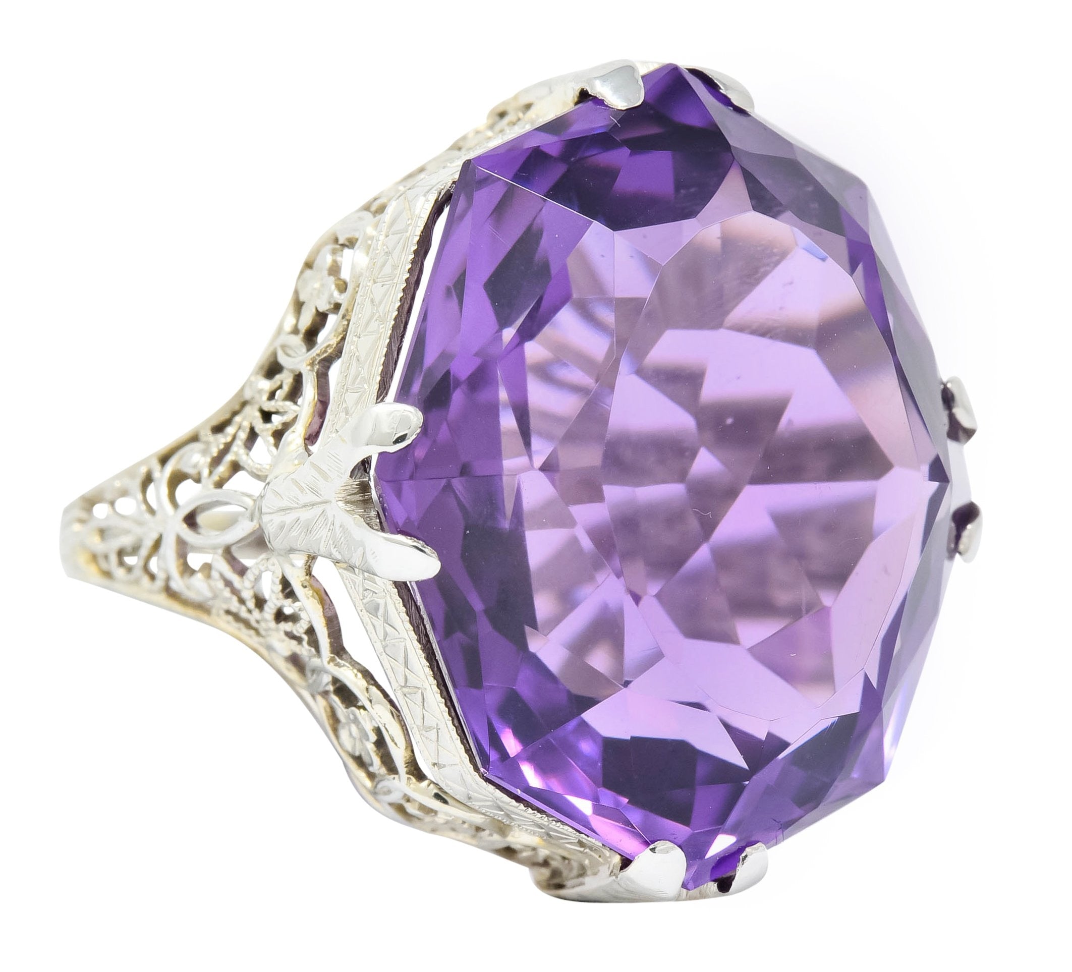 Edwardian Amethyst 18 Karat White Gold Floral Lace Cocktail Ring - Wilson's Estate Jewelry