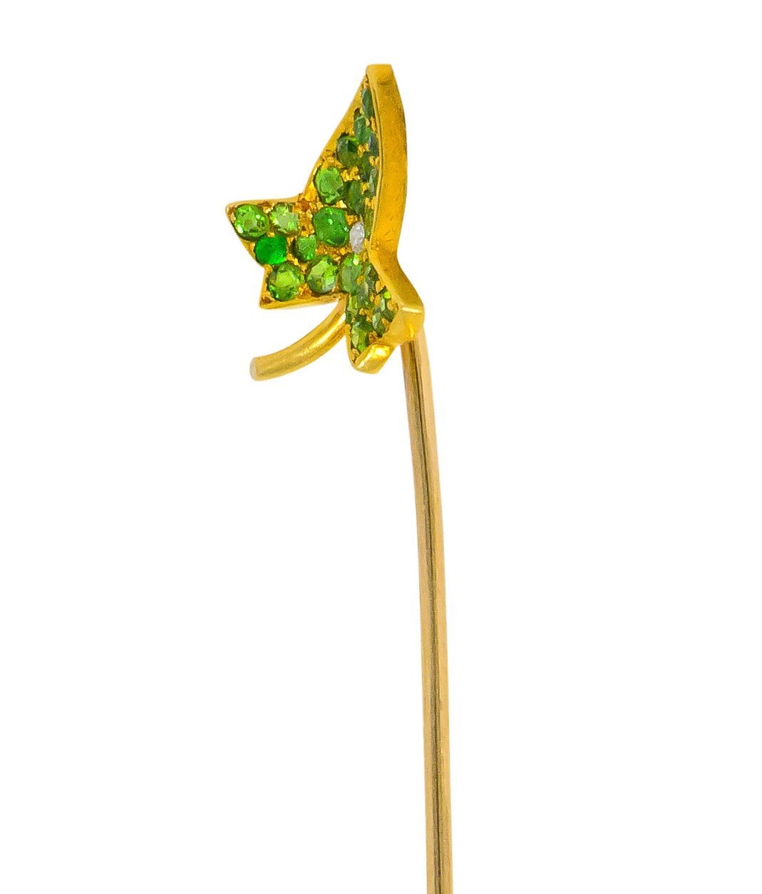 Edwardian Demantoid Garnet Diamond 18 Karat Gold Pavé Leaf Stickpin - Wilson's Estate Jewelry