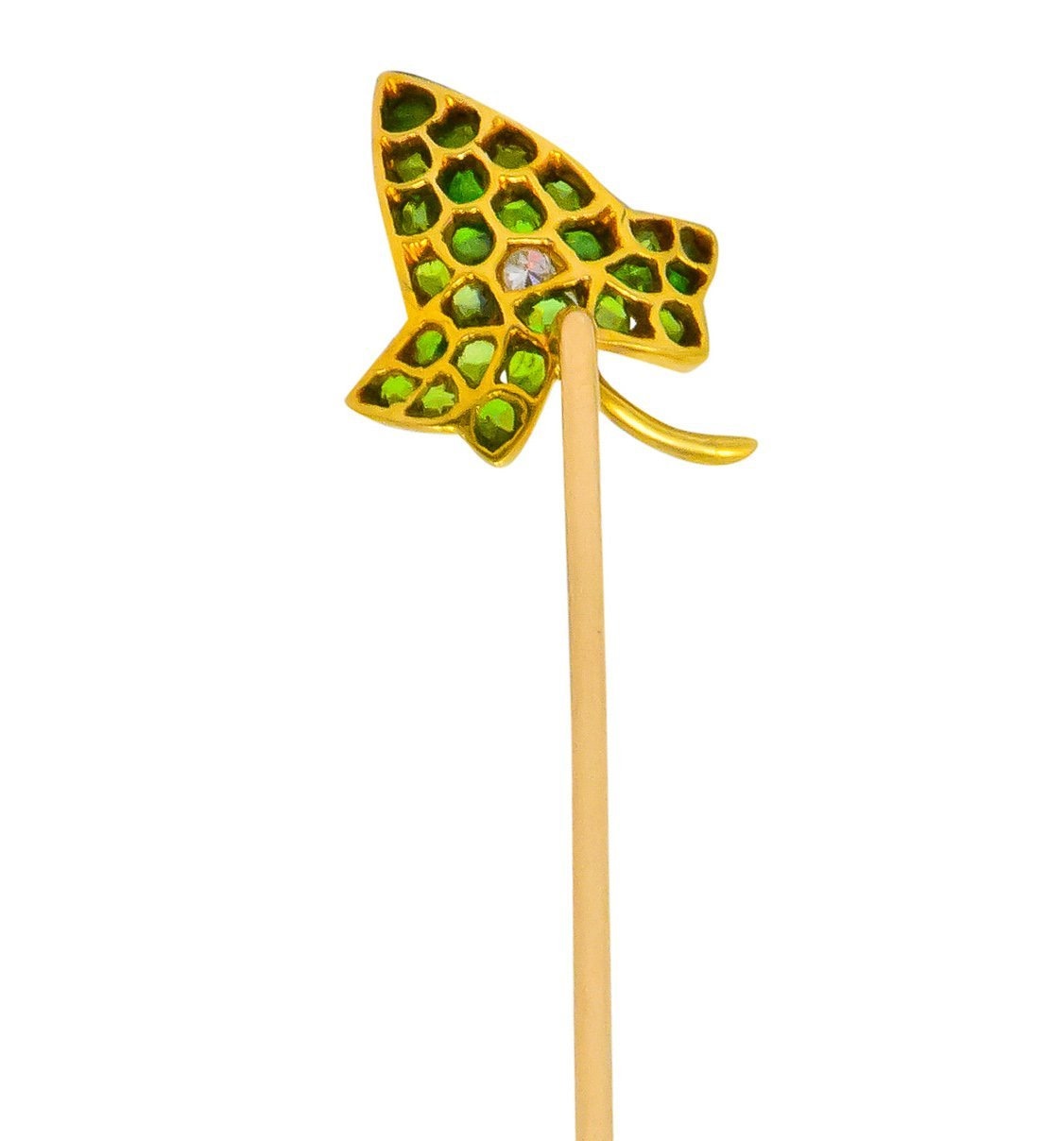 Edwardian Demantoid Garnet Diamond 18 Karat Gold Pavé Leaf Stickpin - Wilson's Estate Jewelry