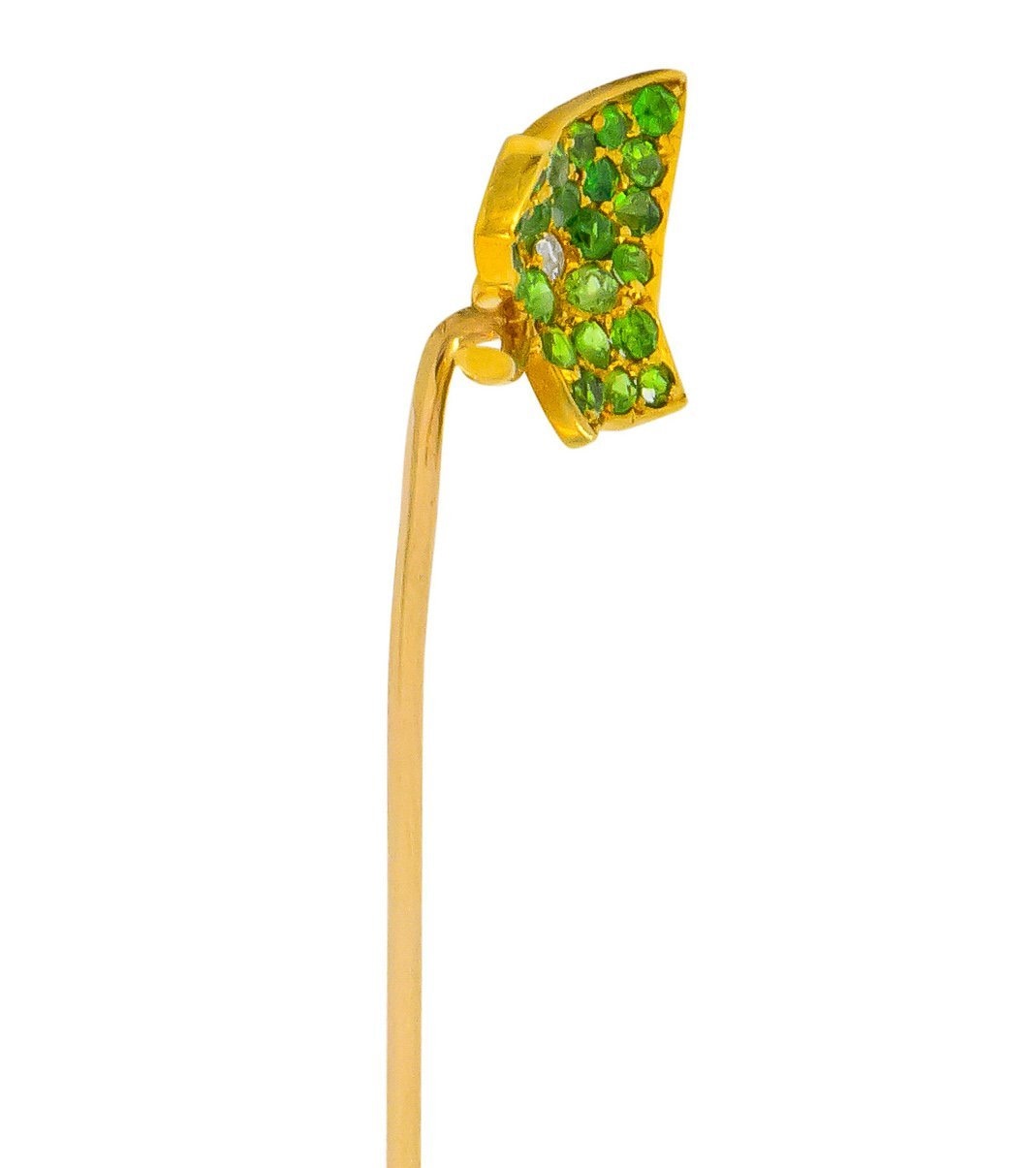 Edwardian Demantoid Garnet Diamond 18 Karat Gold Pavé Leaf Stickpin - Wilson's Estate Jewelry
