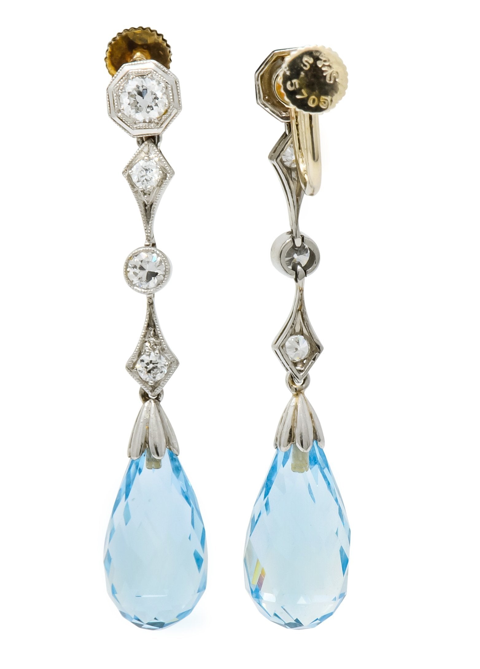 Edwardian Diamond Aquamarine Briolette Platinum Drop Earrings - Wilson's Estate Jewelry