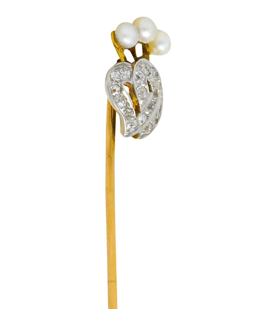 Edwardian Diamond Pearl Platinum-Topped 14 Karat Gold Double Heart Stickpin - Wilson's Estate Jewelry