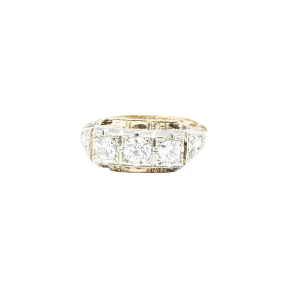 Edwardian European Cut Diamond Rose & Yellow Gold Diamond Three Stone Ring Wilson's Estate Jewelry