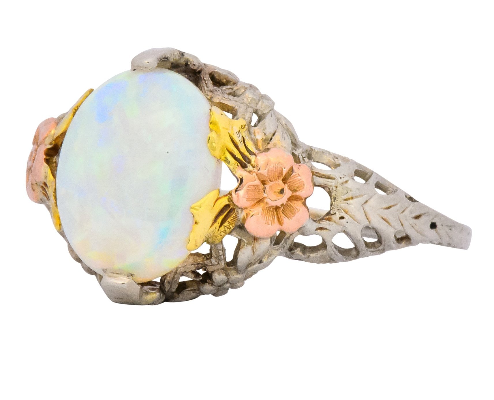 Edwardian Oval Cabochon Opal 14 Karat Tri-Colored Gold Ring - Wilson's Estate Jewelry