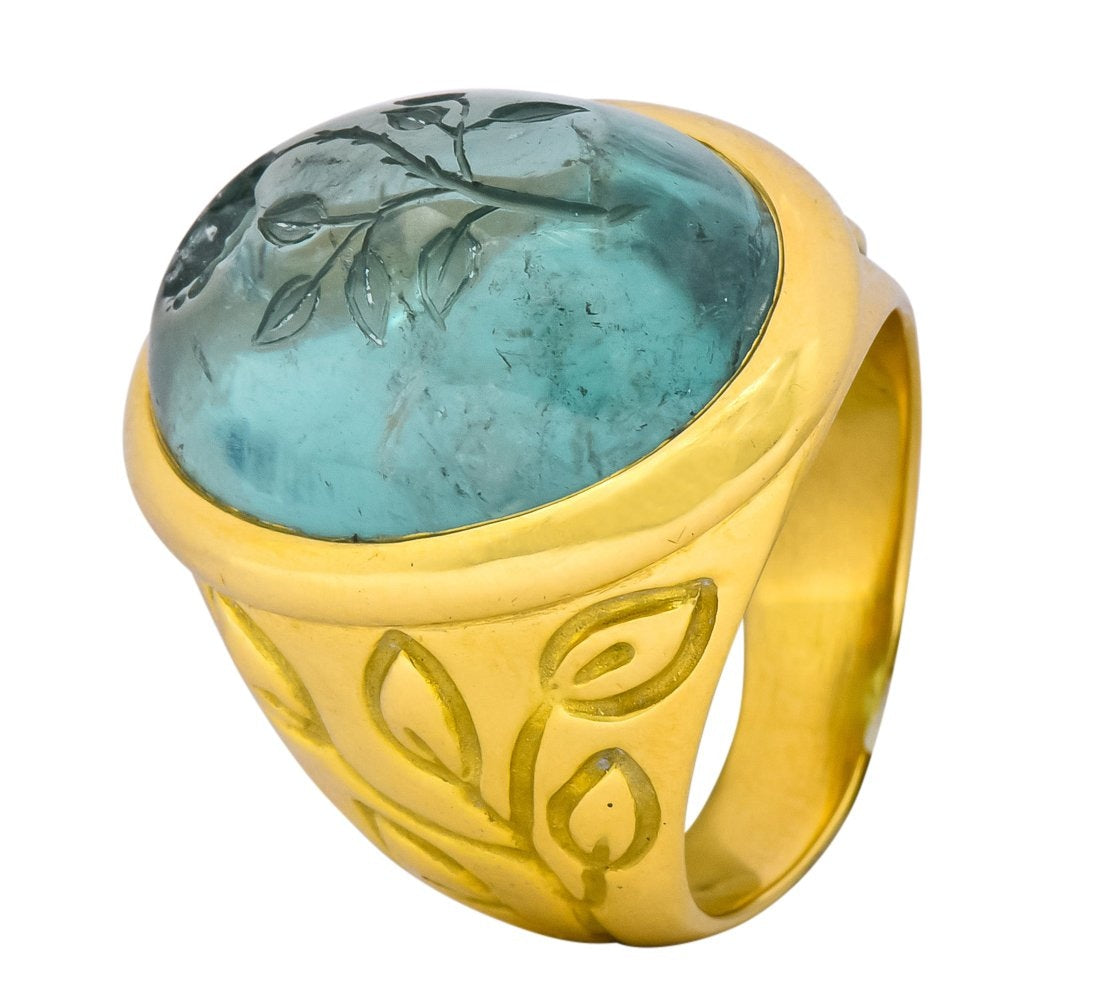 Elizabeth Gage British 1999 Vintage Aquamarine 18 Karat Gold Rose Ring - Wilson's Estate Jewelry