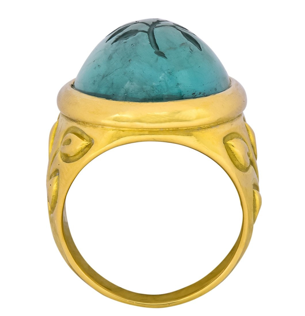 Elizabeth Gage British 1999 Vintage Aquamarine 18 Karat Gold Rose Ring - Wilson's Estate Jewelry