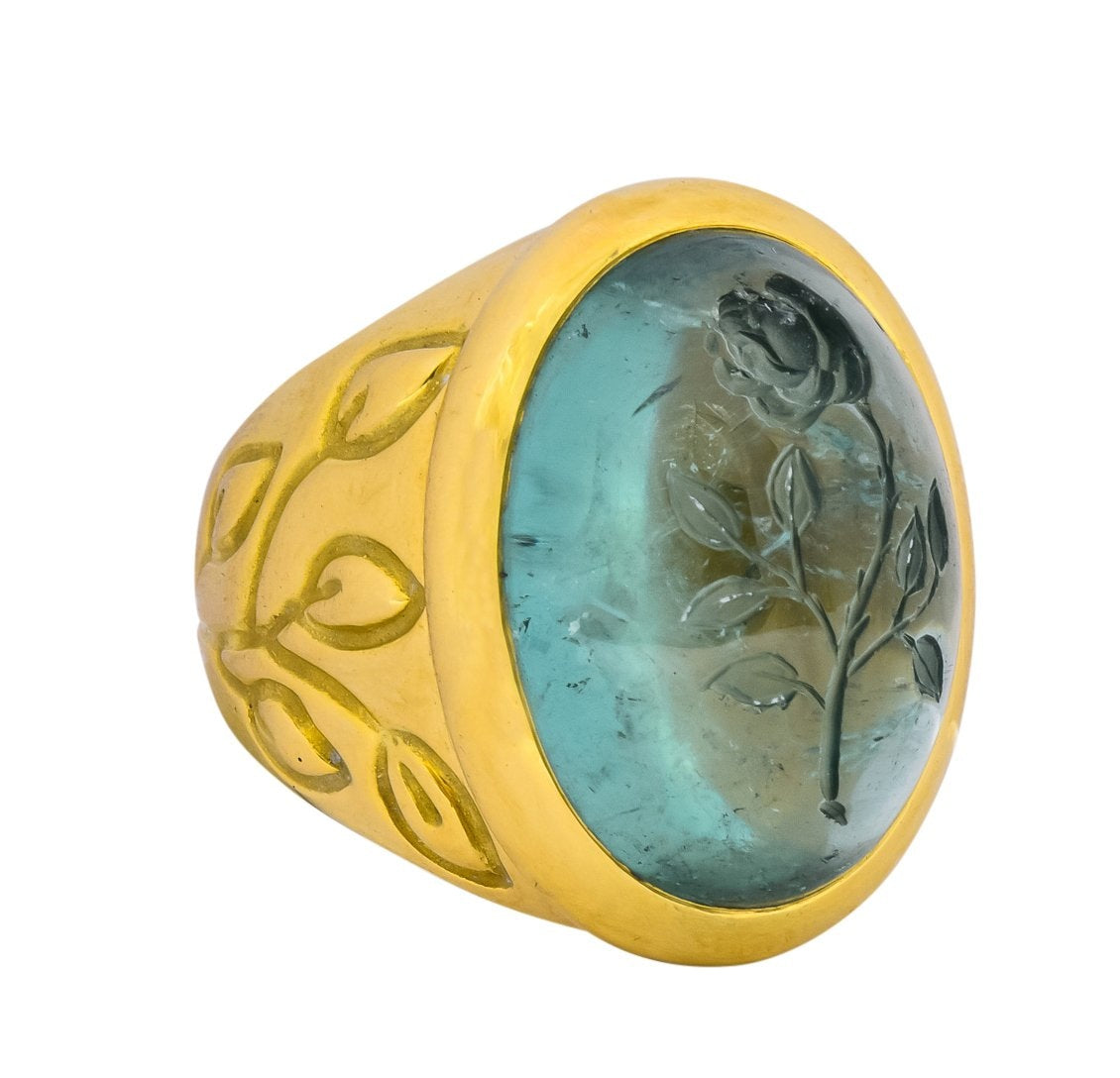 Elizabeth Gage British 1999 Vintage Aquamarine 18 Karat Gold Rose Ring - Wilson's Estate Jewelry
