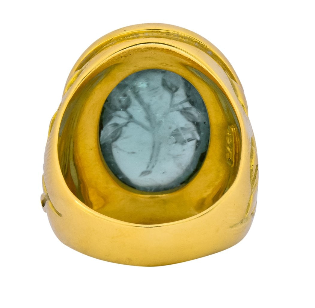 Elizabeth Gage British 1999 Vintage Aquamarine 18 Karat Gold Rose Ring - Wilson's Estate Jewelry