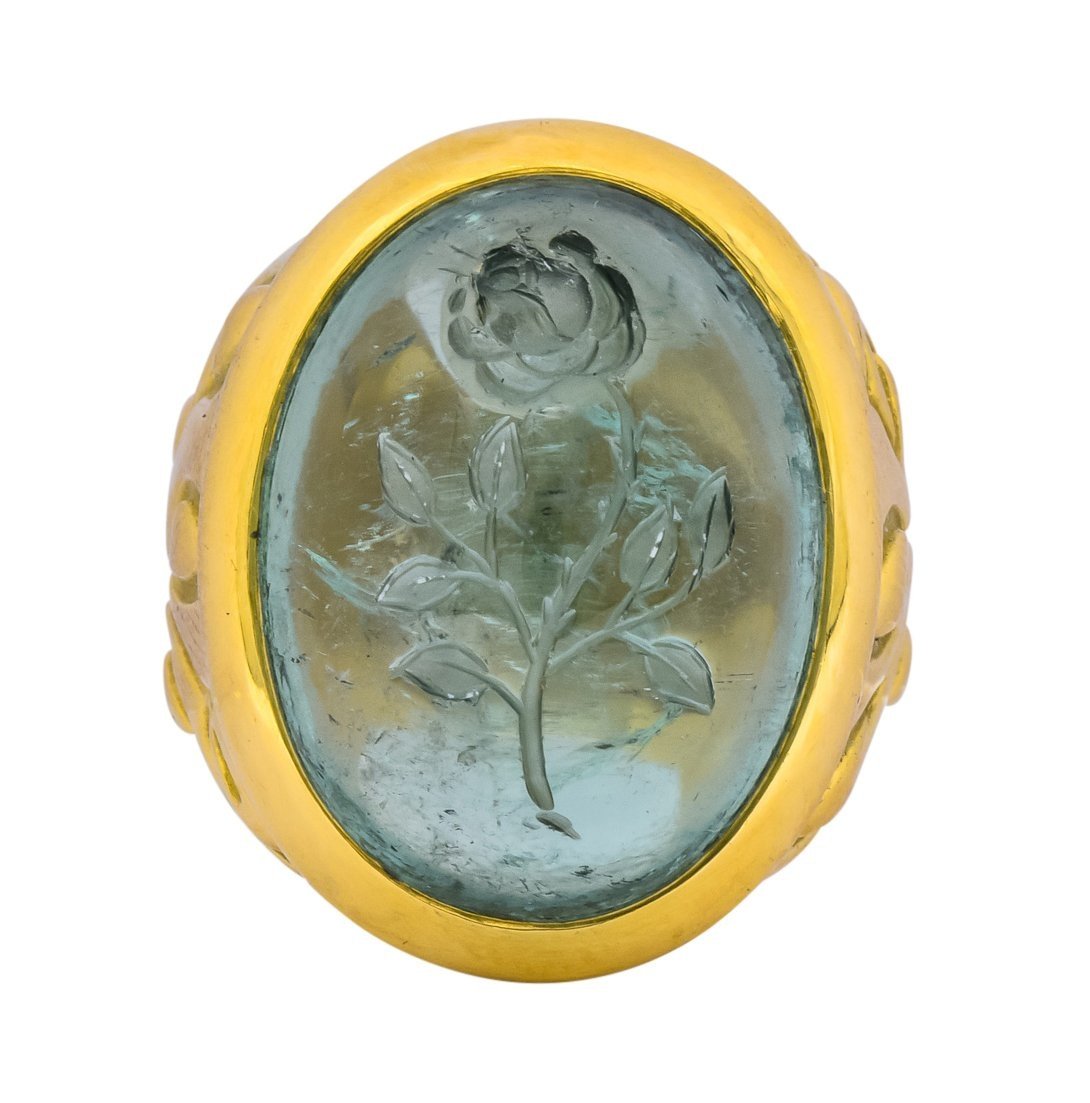 Elizabeth Gage British 1999 Vintage Aquamarine 18 Karat Gold Rose Ring - Wilson's Estate Jewelry