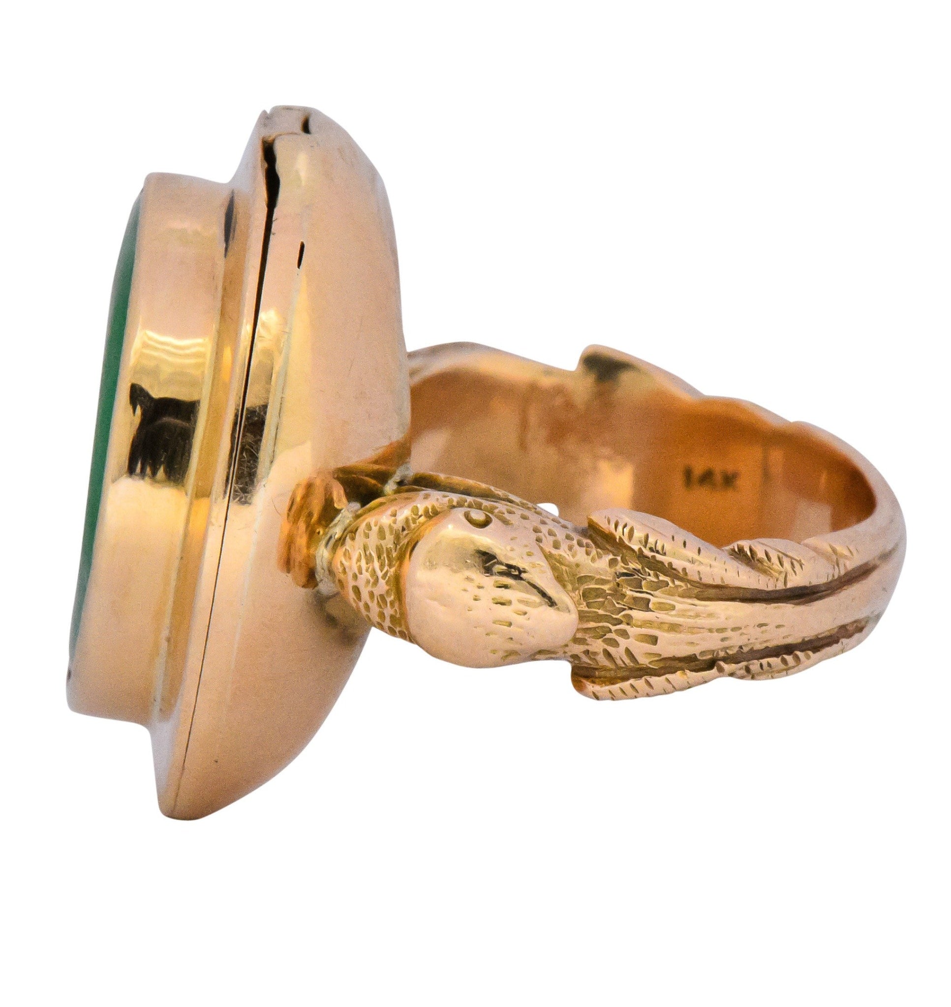 Fascinating Victorian Carved Jade 14 Karat Gold Poison Locket Ring - Wilson's Estate Jewelry
