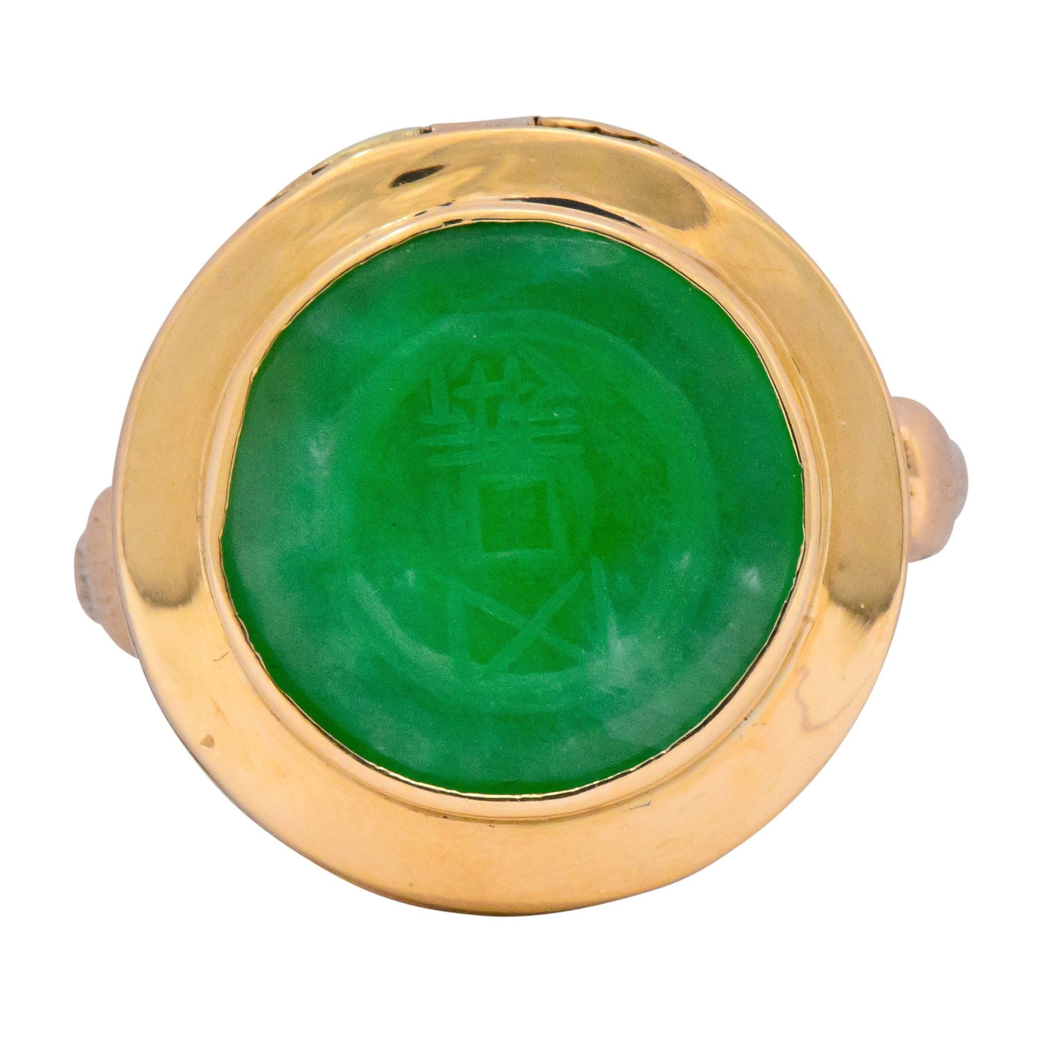 Fascinating Victorian Carved Jade 14 Karat Gold Poison Locket Ring - Wilson's Estate Jewelry