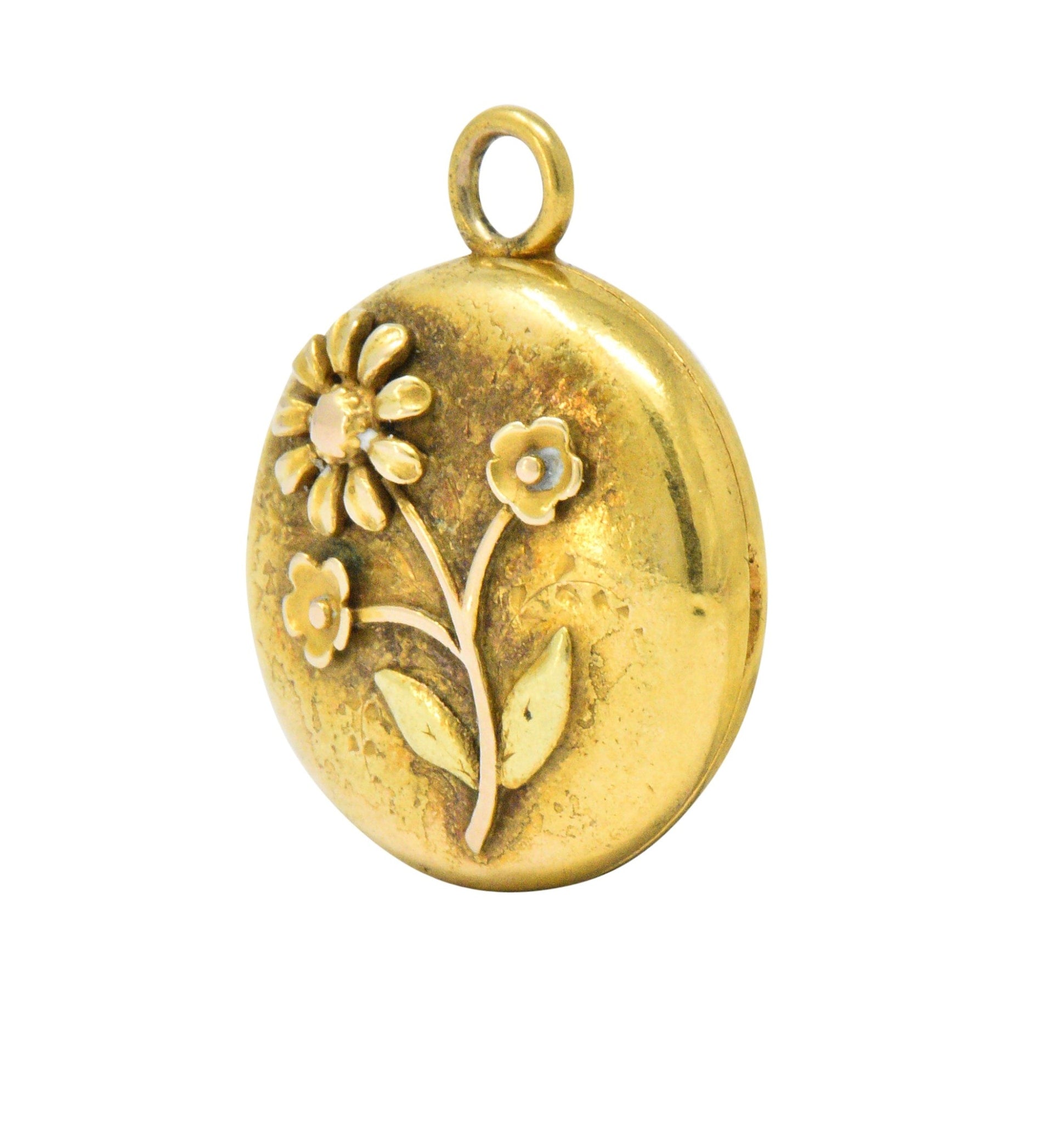 Floral Art Nouveau 14 Karat Tri-Color Gold Flower Locket Wilson's Estate Jewelry