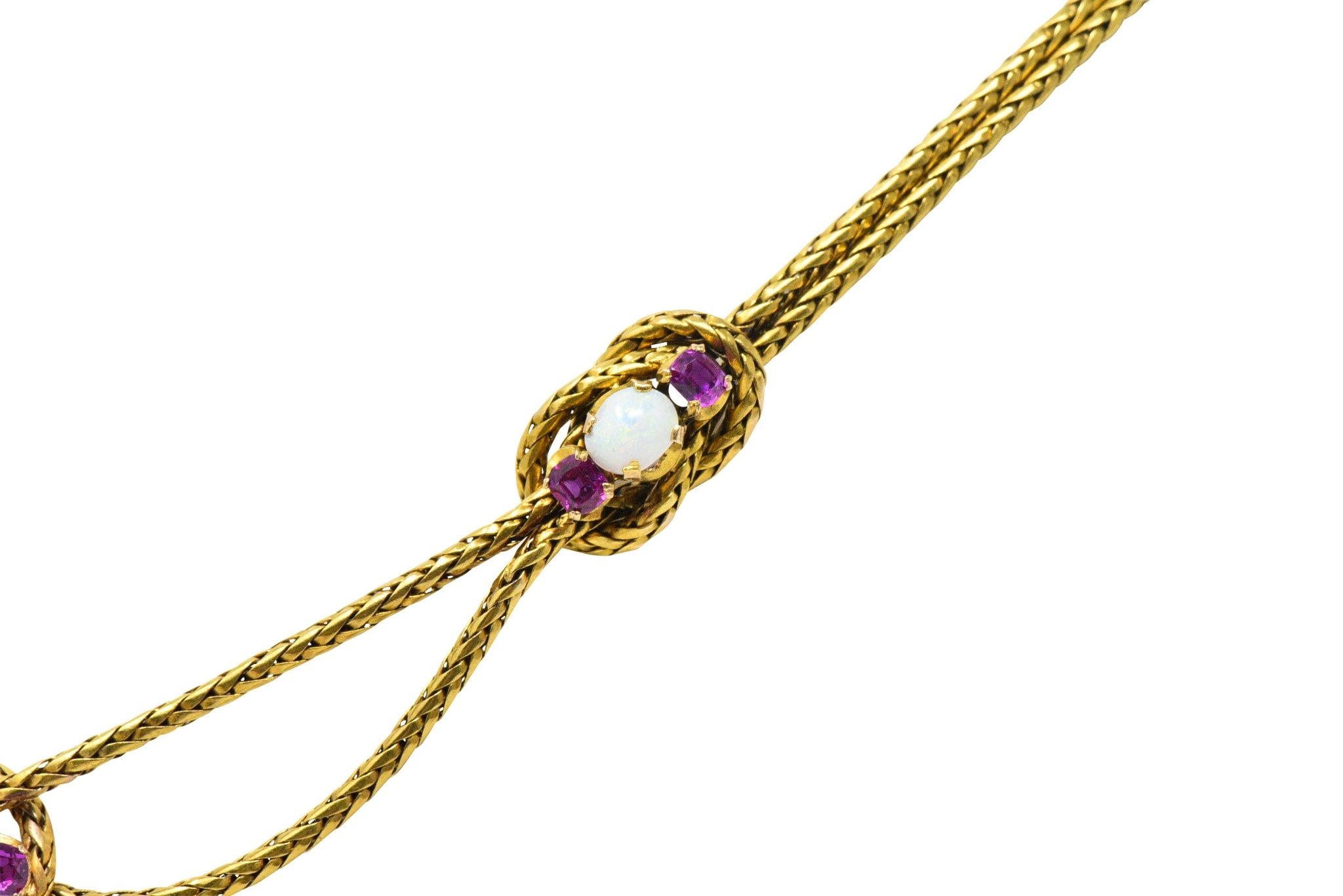 Georgian 1.20 CTW Pink Sapphire Opal 18 Karat Gold Negligee Rope Necklace Wilson's Estate Jewelry