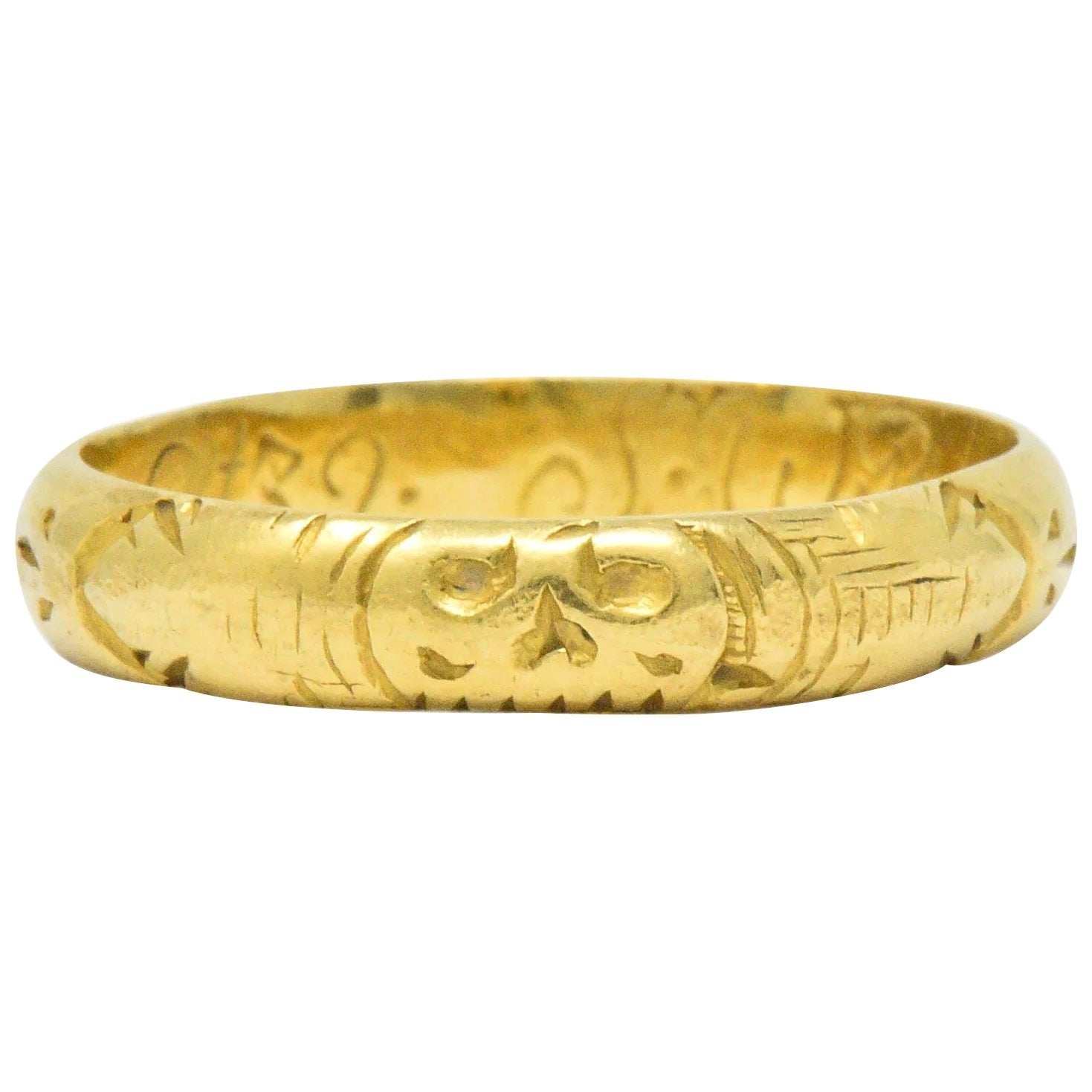Georgian 22 Karat Gold Memento Mori Skull Unisex Band Ring Wilson's Estate Jewelry
