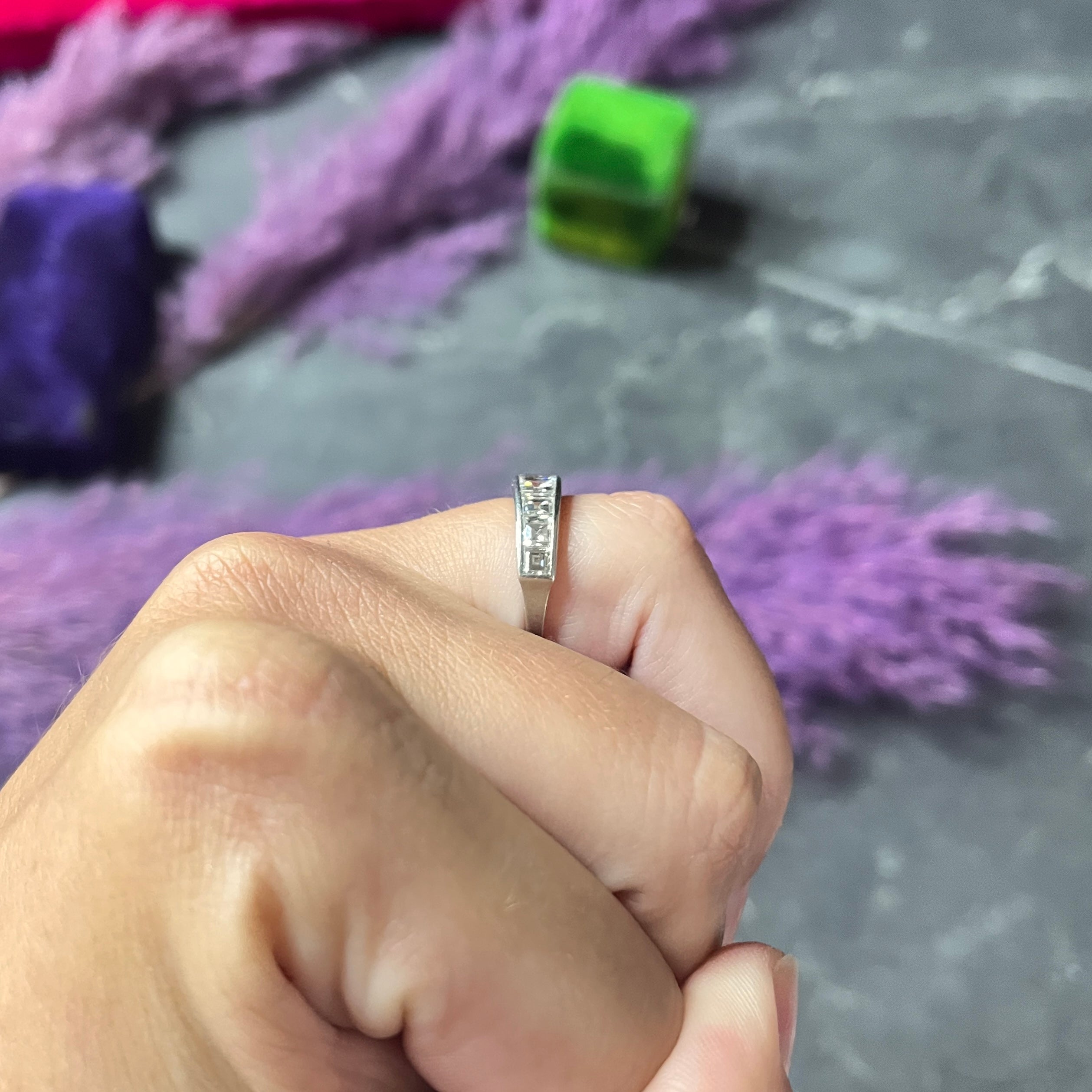Mid-Century 1950's 1.95 CTW Square Step Cut Diamond Platinum Channel Band Vintage Ring Wilson's Estate Jewelry