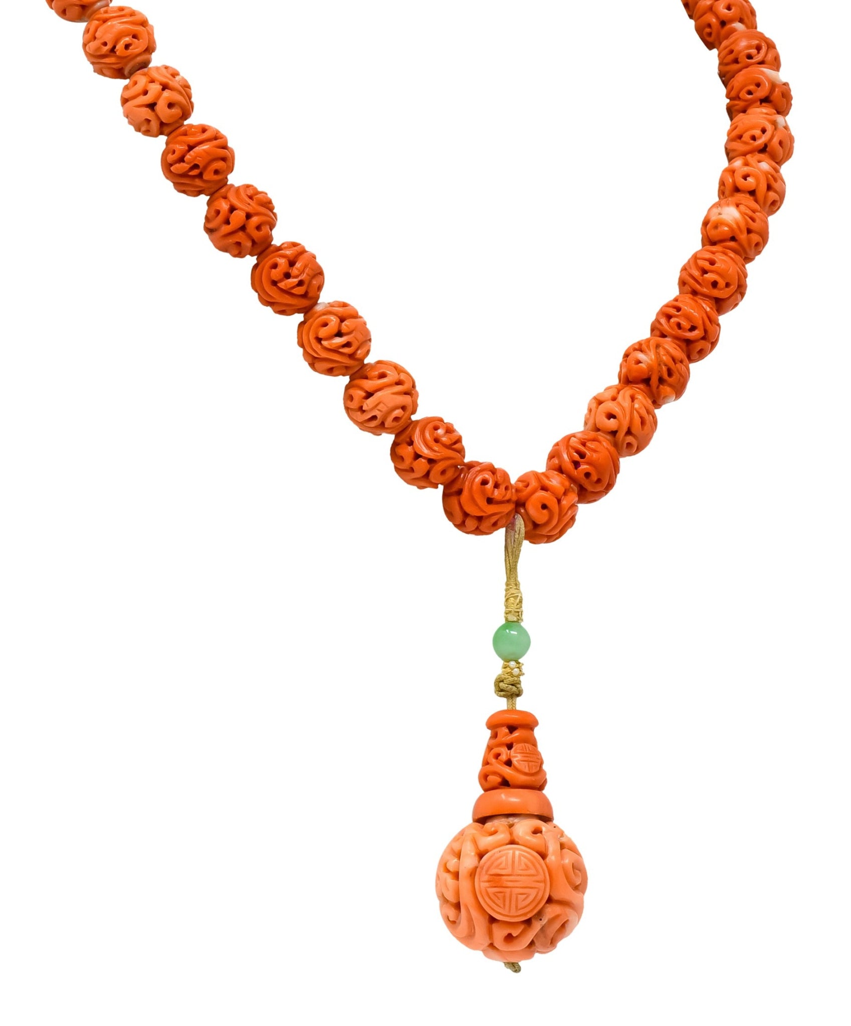 Intricate Victorian Carved Coral Jade Seed Pearl Silk Dragon Drop Necklace - Wilson's Estate Jewelry