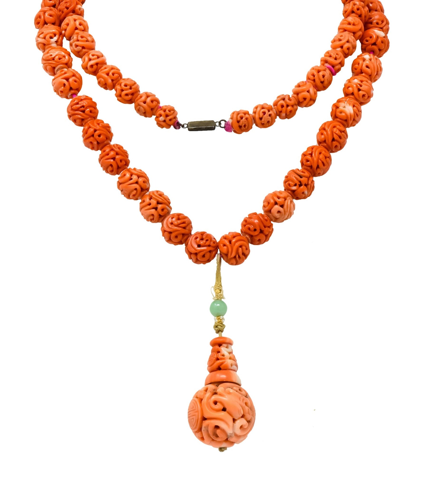 Intricate Victorian Carved Coral Jade Seed Pearl Silk Dragon Drop Necklace - Wilson's Estate Jewelry