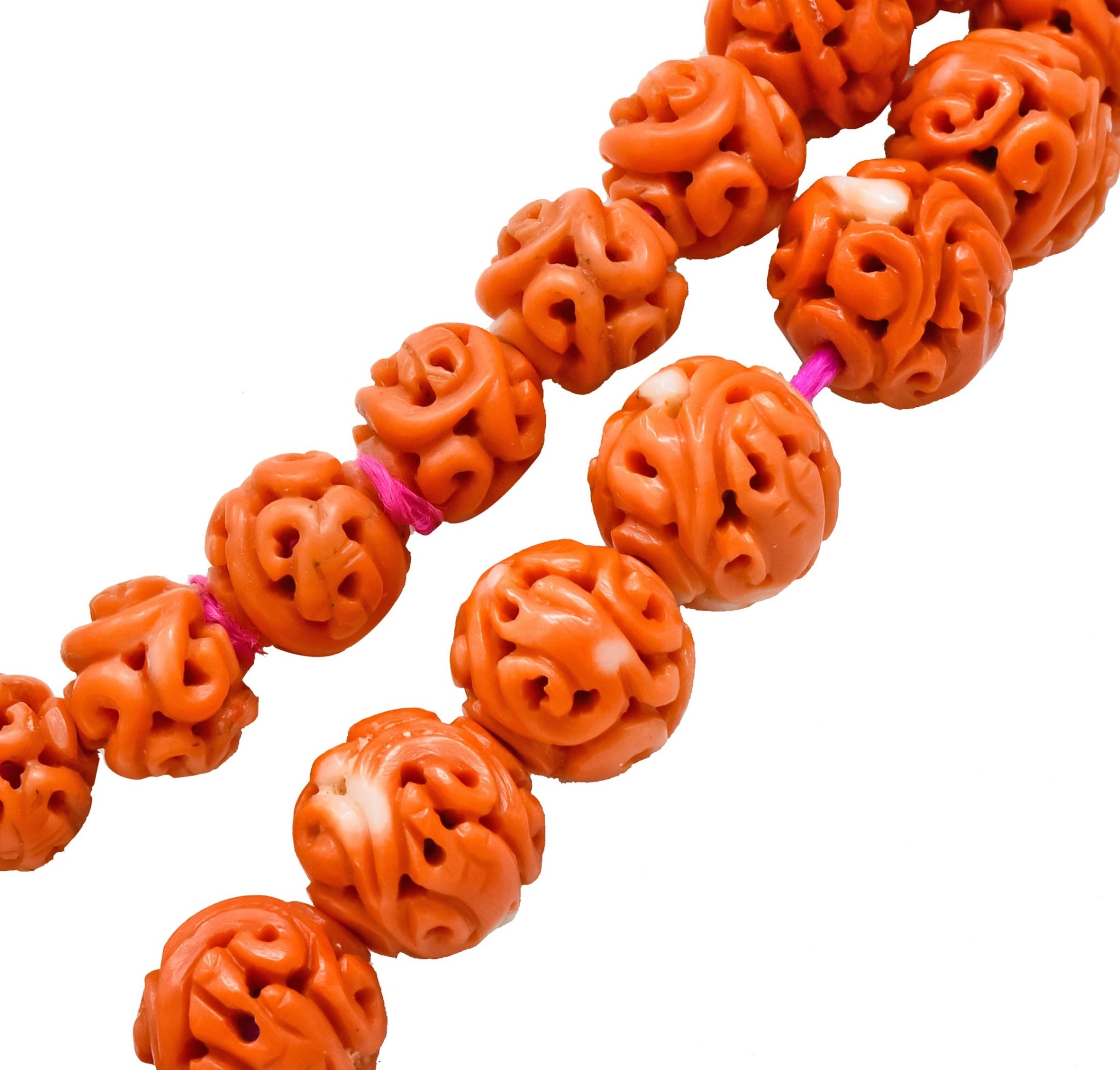 Intricate Victorian Carved Coral Jade Seed Pearl Silk Dragon Drop Necklace - Wilson's Estate Jewelry