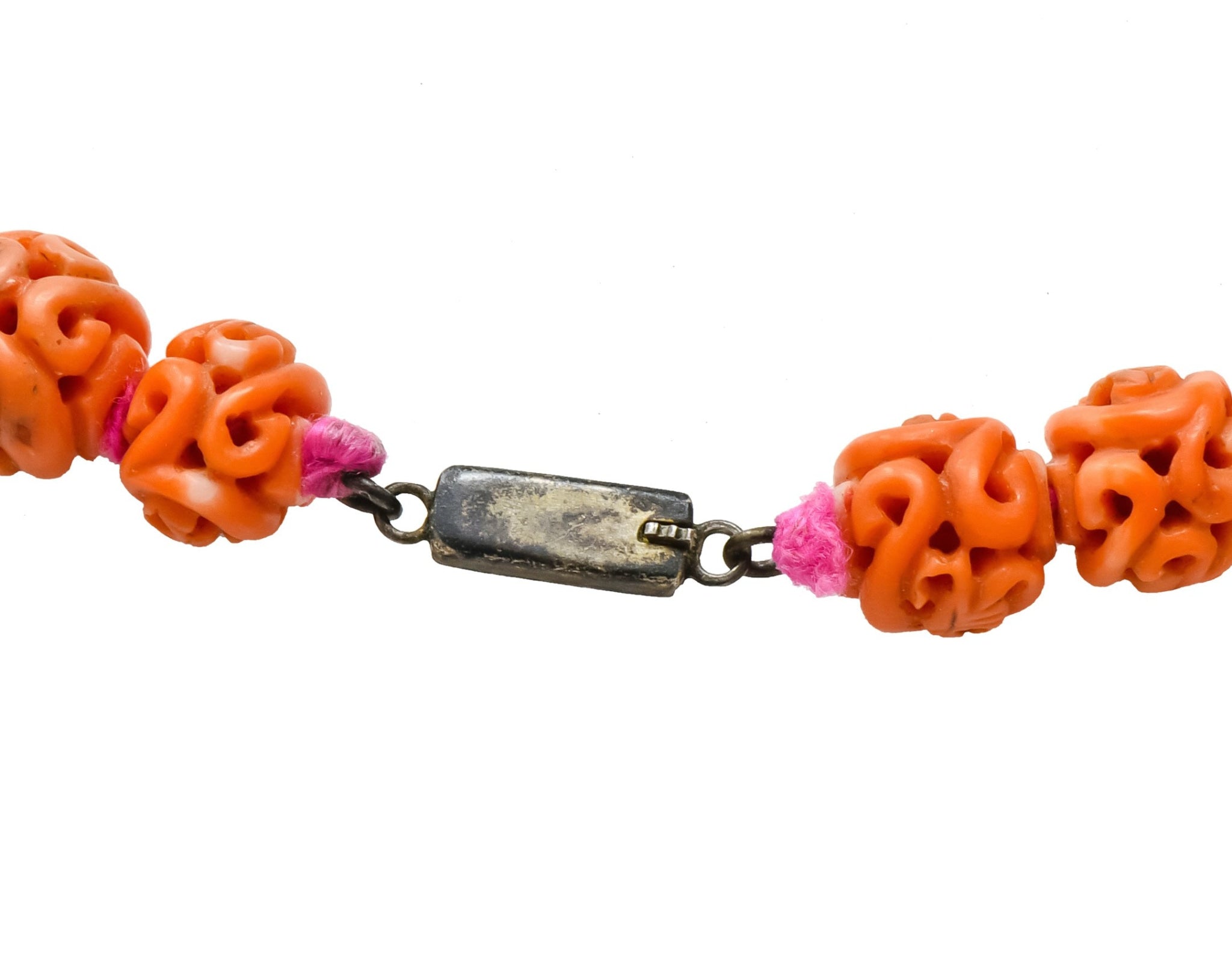 Intricate Victorian Carved Coral Jade Seed Pearl Silk Dragon Drop Necklace - Wilson's Estate Jewelry