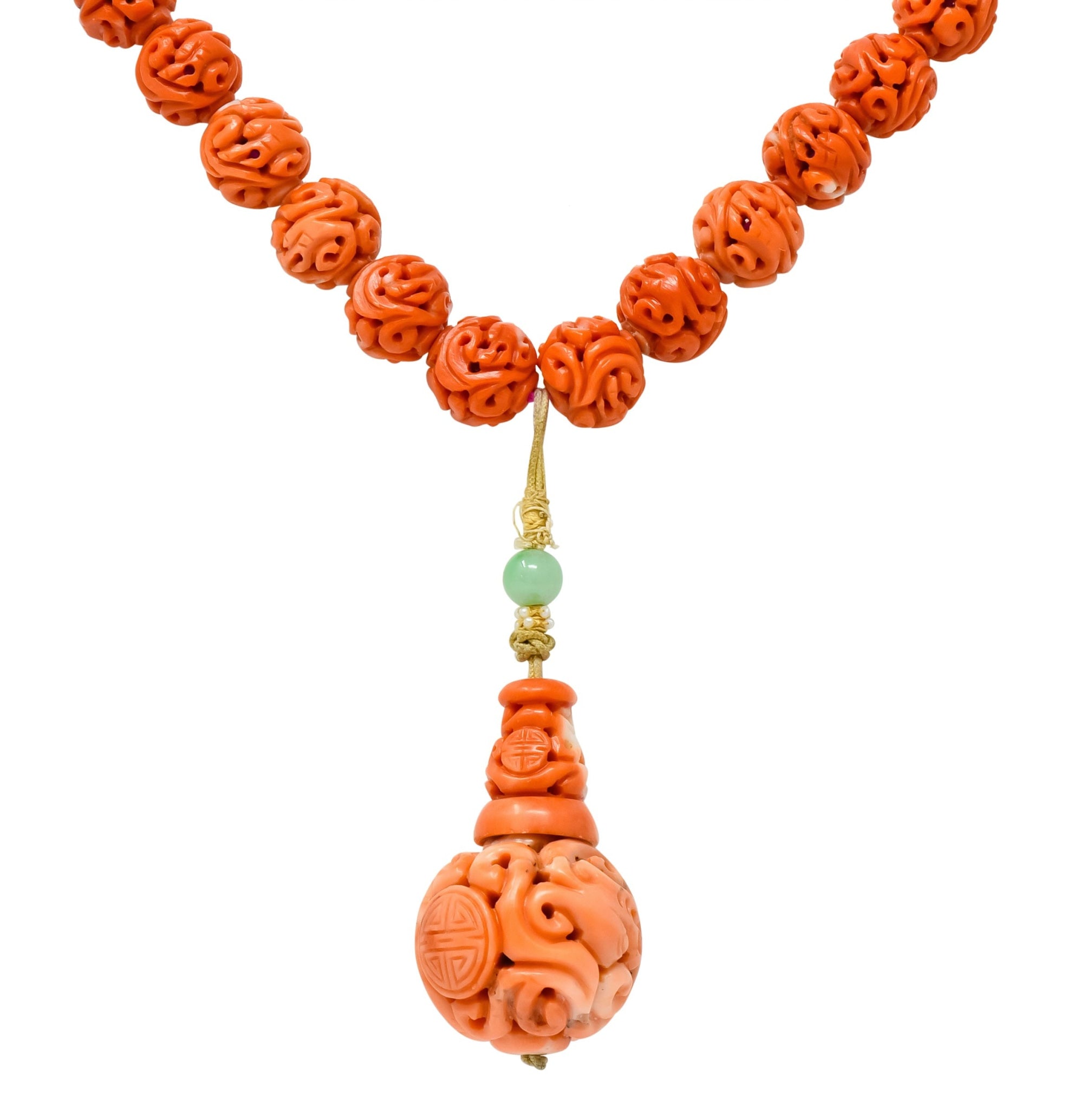 Intricate Victorian Carved Coral Jade Seed Pearl Silk Dragon Drop Necklace - Wilson's Estate Jewelry