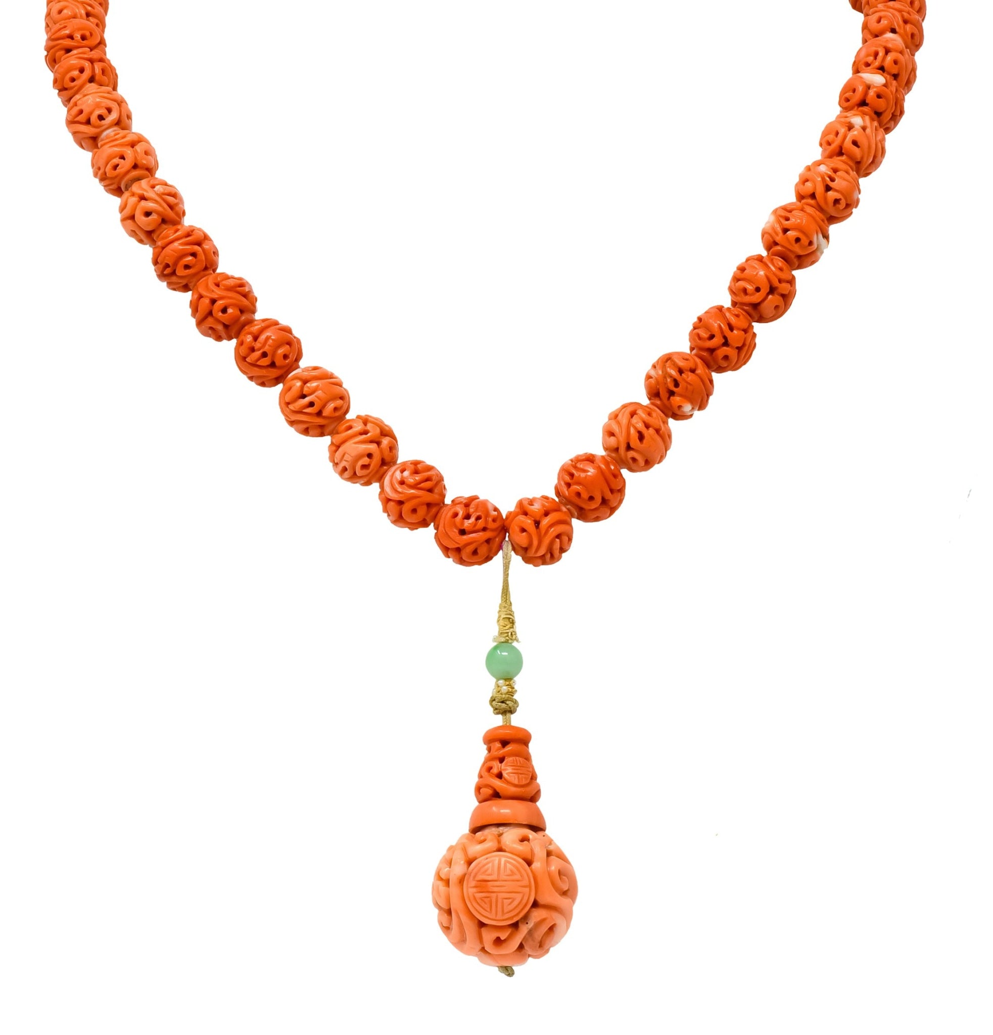 Intricate Victorian Carved Coral Jade Seed Pearl Silk Dragon Drop Necklace - Wilson's Estate Jewelry