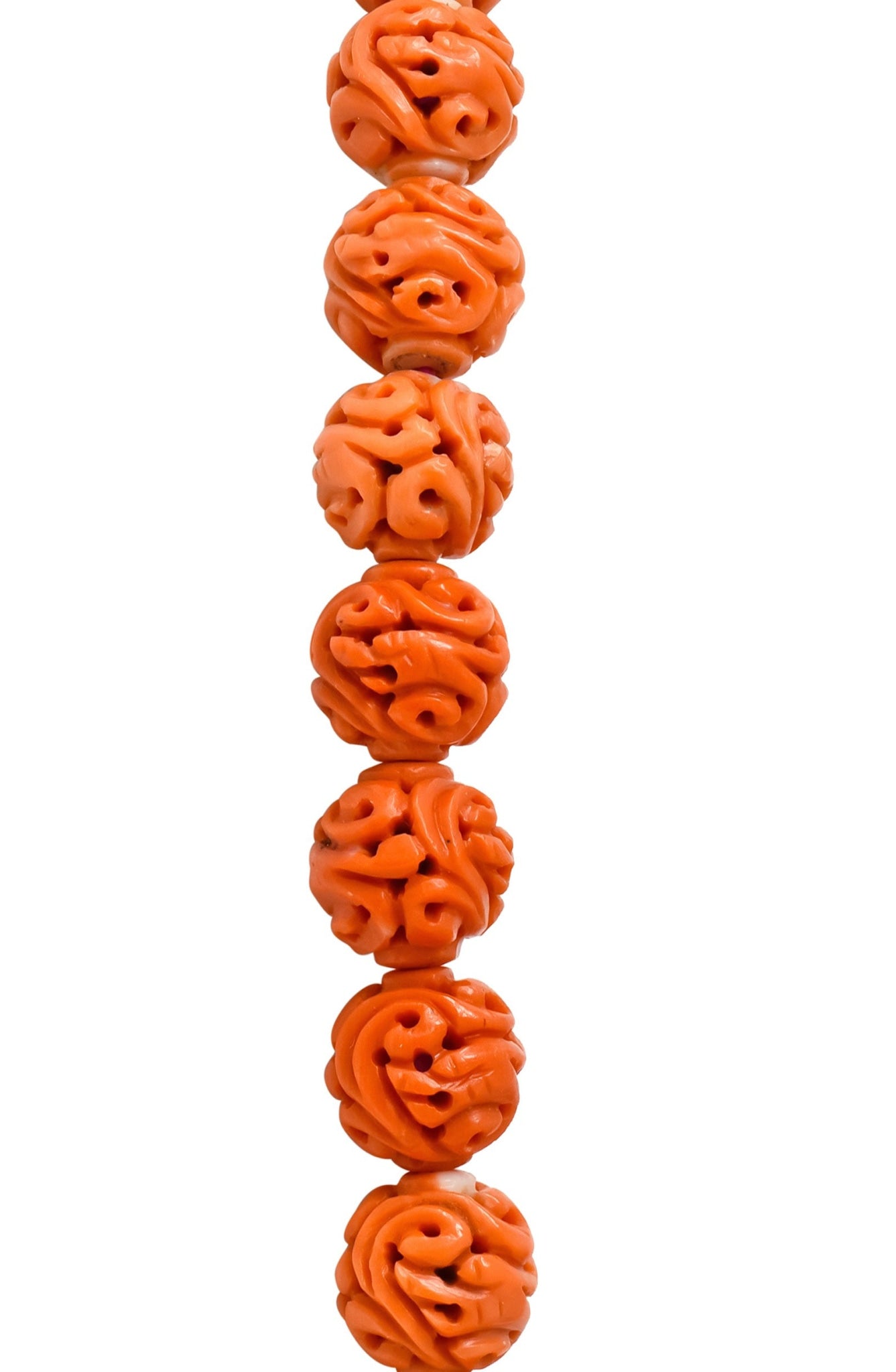 Intricate Victorian Carved Coral Jade Seed Pearl Silk Dragon Drop Necklace - Wilson's Estate Jewelry