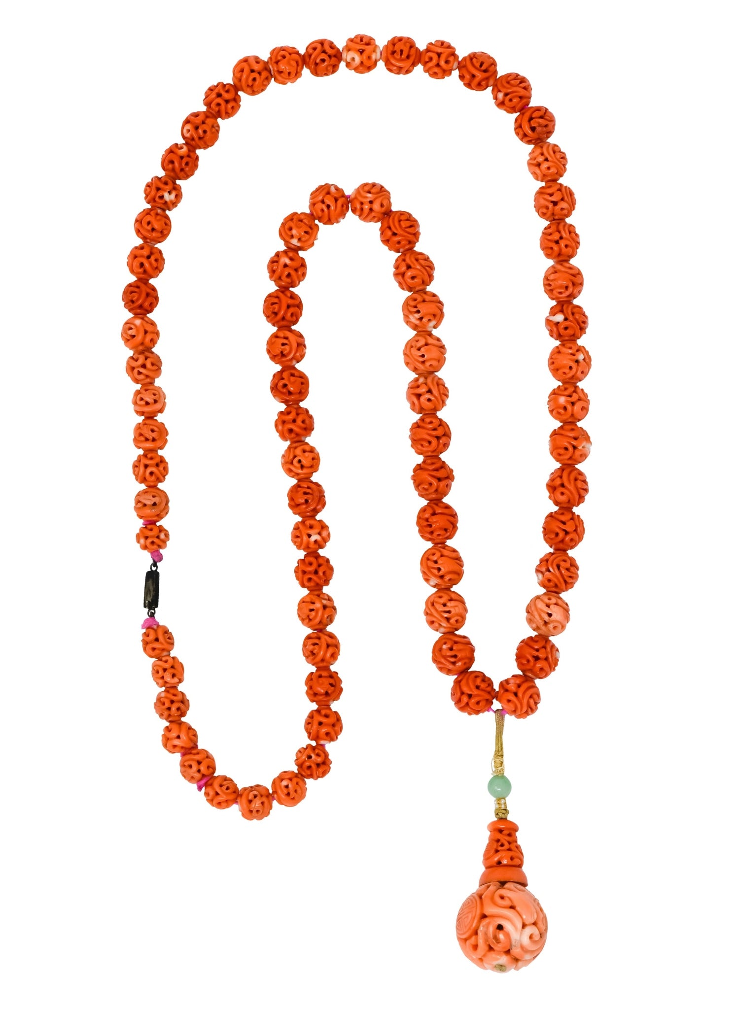 Intricate Victorian Carved Coral Jade Seed Pearl Silk Dragon Drop Necklace - Wilson's Estate Jewelry