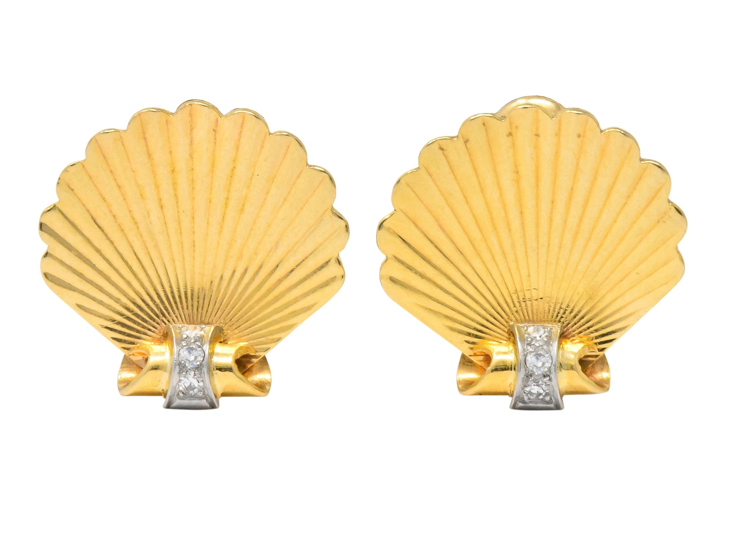 J.E. Caldwell Retro Diamond 14 Karat Gold Seashell Screw Back Earrings Wilson's Estate Jewelry