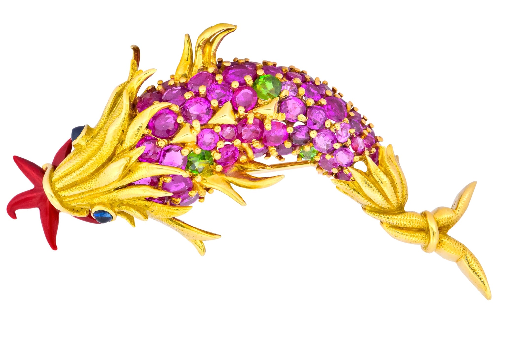 Jean Schlumberger Tiffany & Co. Retro 12.80 CTW Pink Sapphire Demantoid Garnet Enamel 18 Karat Gold Dolphin Fish Brooch - Wilson's Estate Jewelry