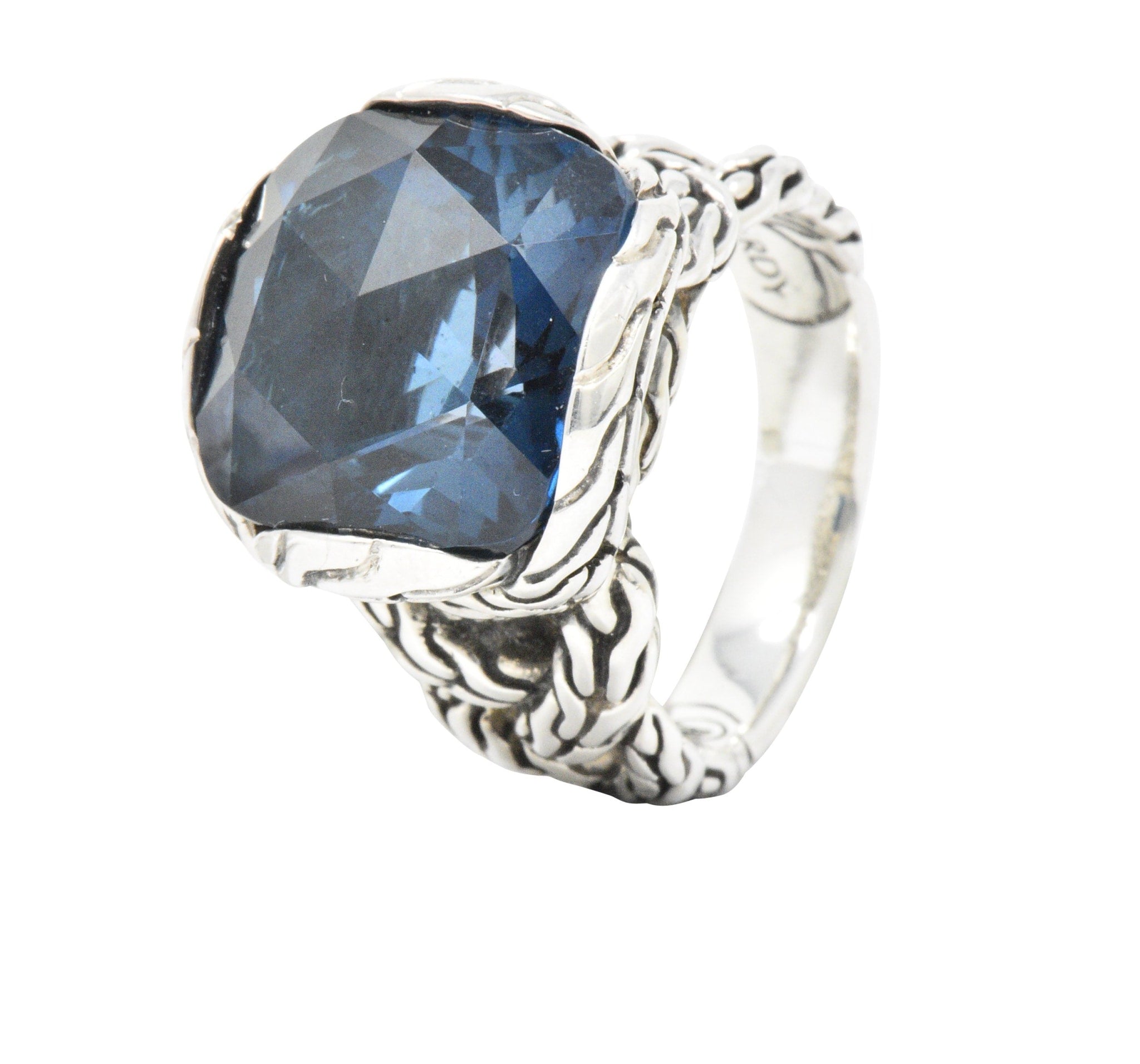 John Hardy Cushion Cut London Blue Topaz Chain Sterling Silver Ring Wilson's Estate Jewelry
