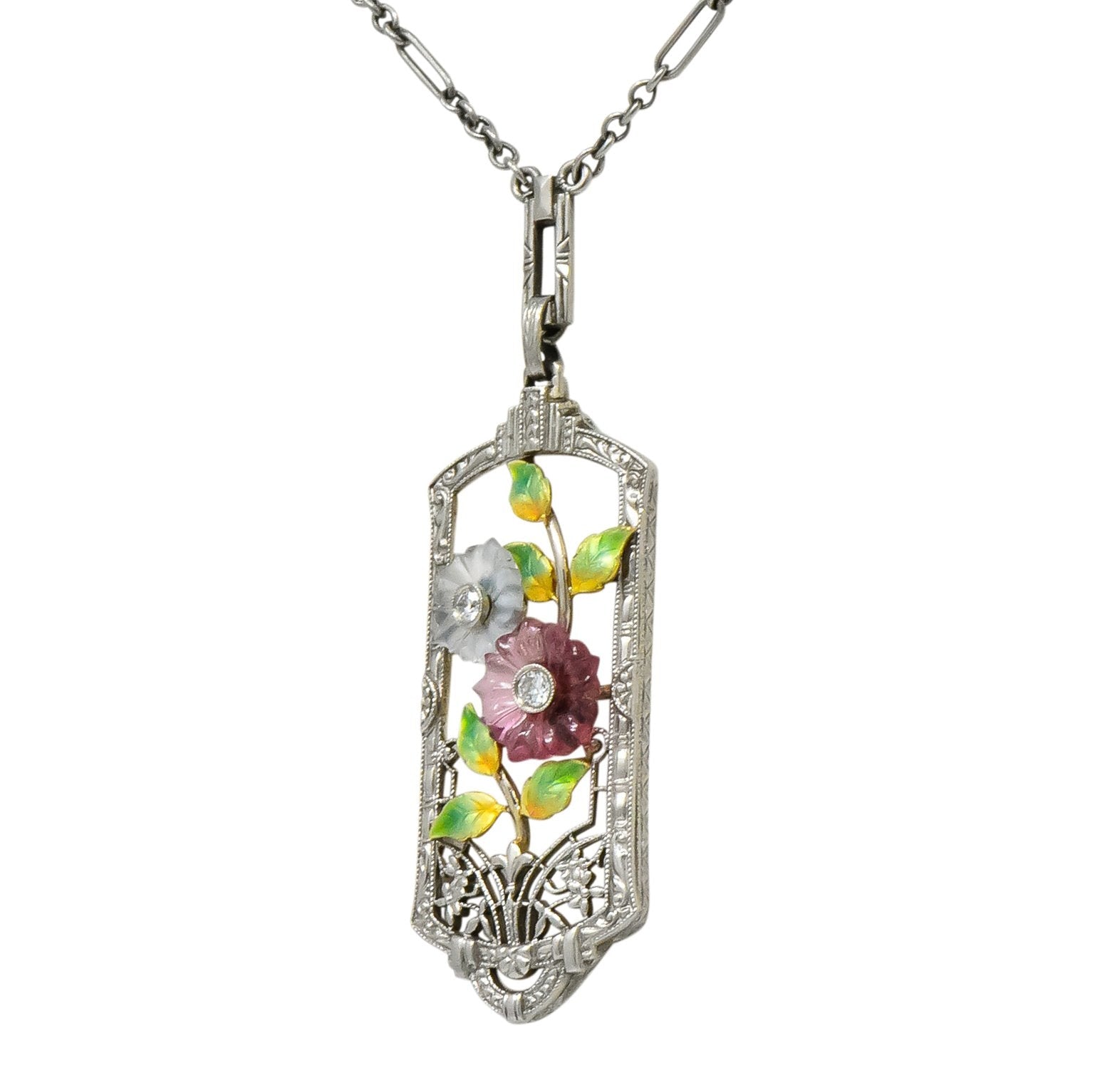 Krementz Art Nouveau Diamond Garnet Rock Crystal Enamel 14 Karat White Gold Pendant Necklace - Wilson's Estate Jewelry