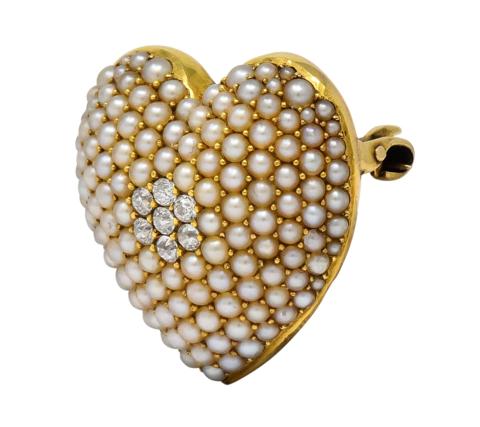 Krementz Late Victorian Diamond Seed Pearl 14 Karat Gold Heart Pendant Brooch - Wilson's Estate Jewelry