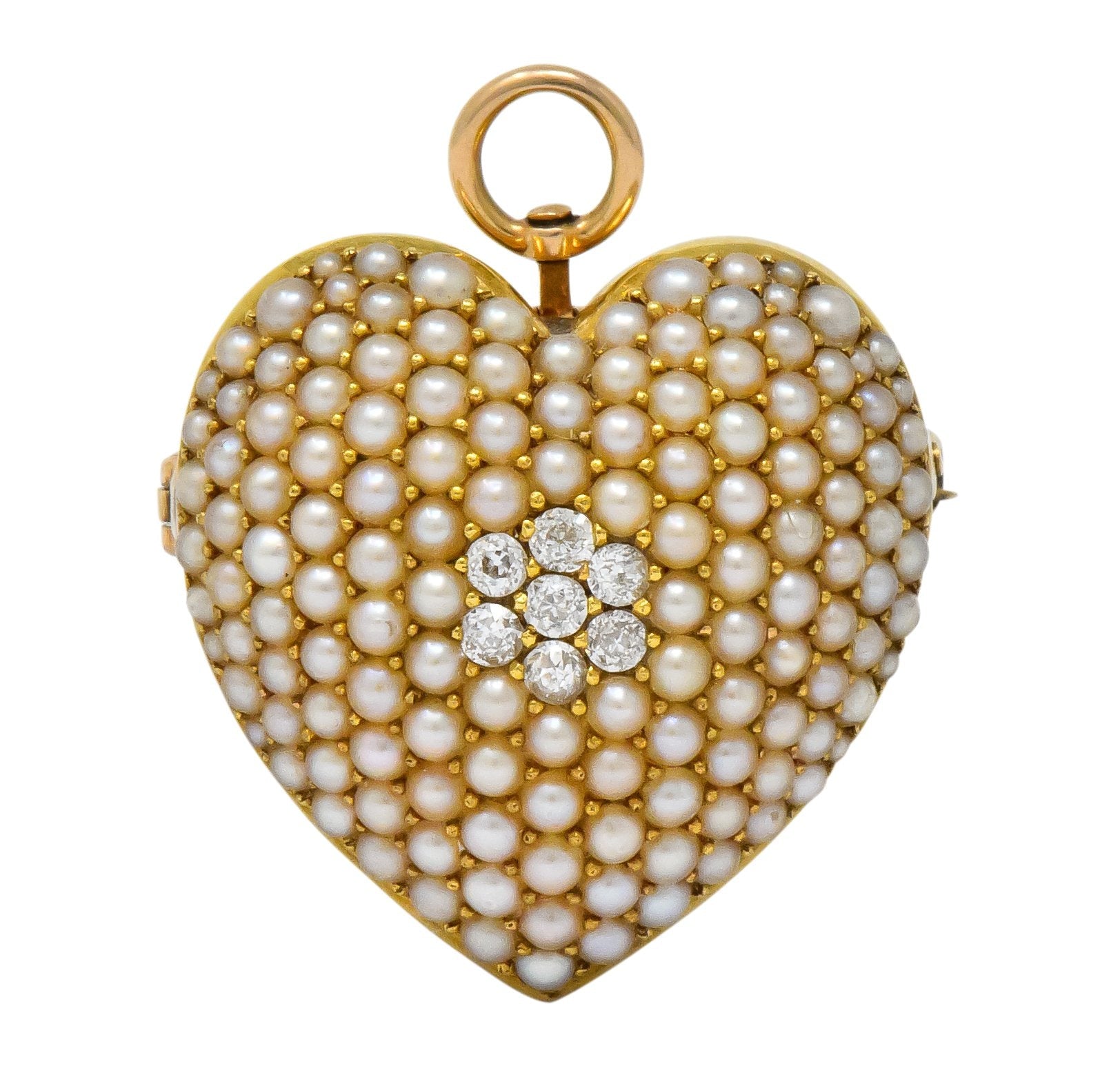 Krementz Late Victorian Diamond Seed Pearl 14 Karat Gold Heart Pendant Brooch - Wilson's Estate Jewelry