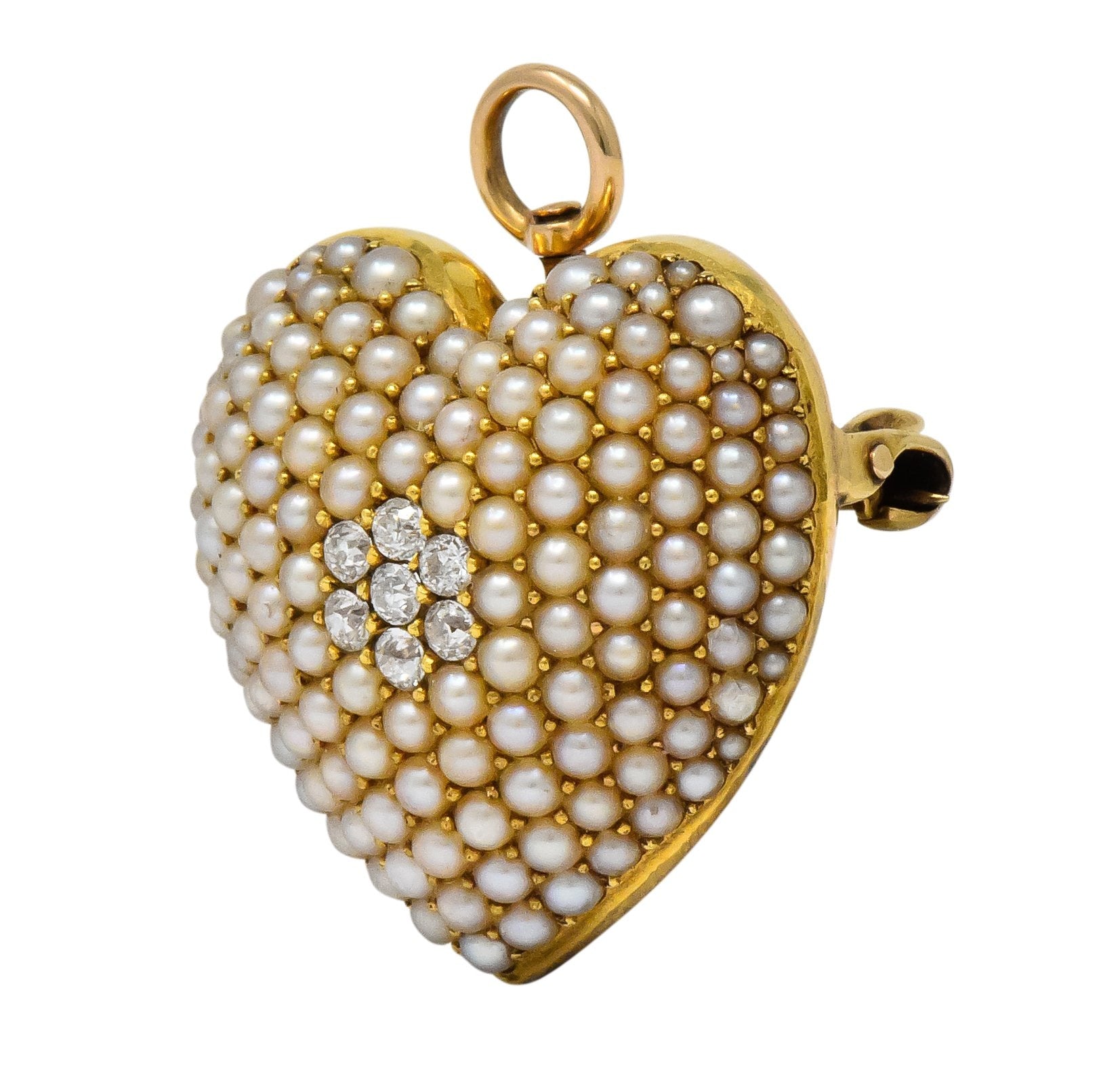 Krementz Late Victorian Diamond Seed Pearl 14 Karat Gold Heart Pendant Brooch - Wilson's Estate Jewelry