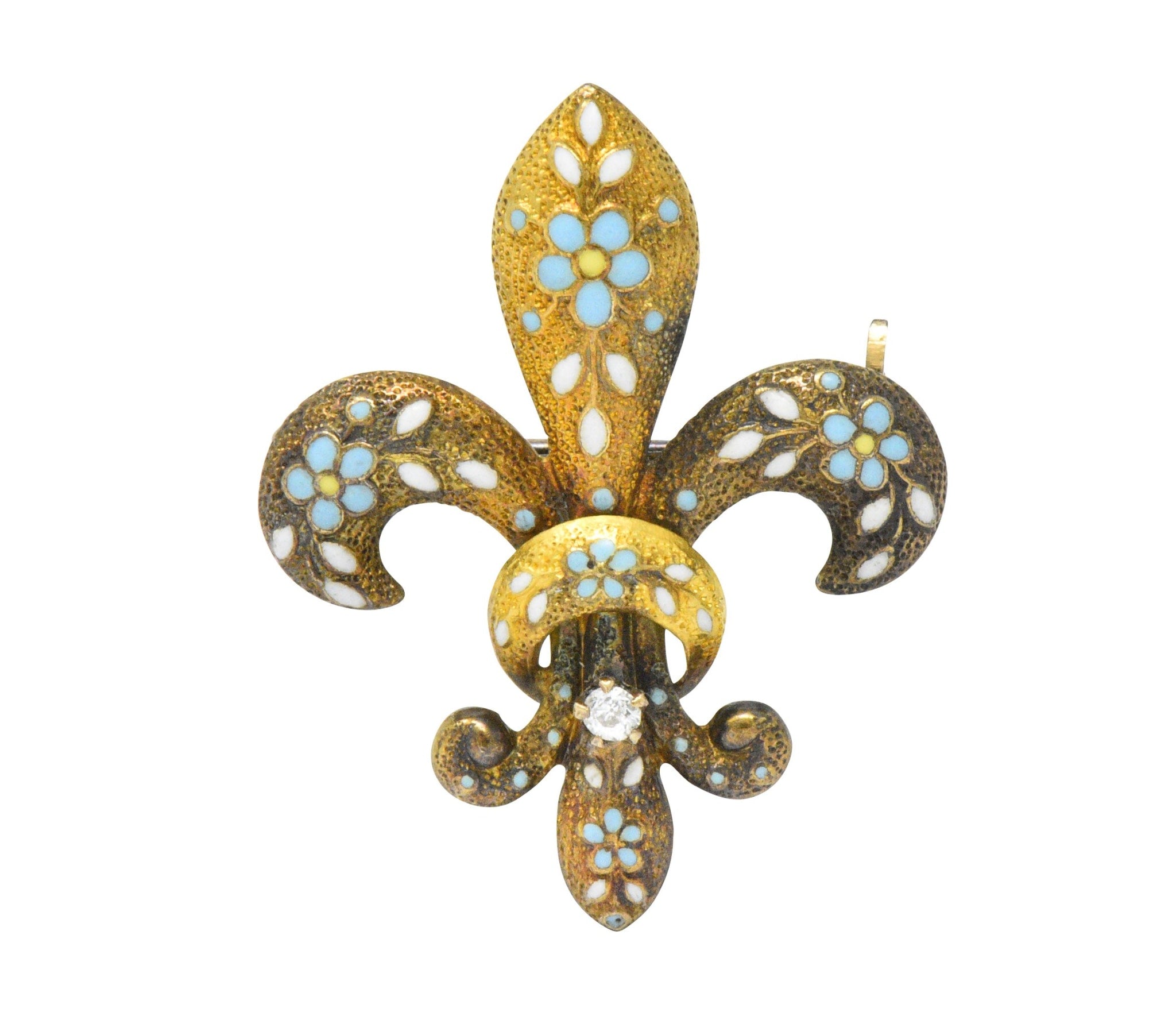 Krementz Victorian Diamond Enamel 14 Karat Gold Fleur-De-Lis Pin Brooch Wilson's Estate Jewelry