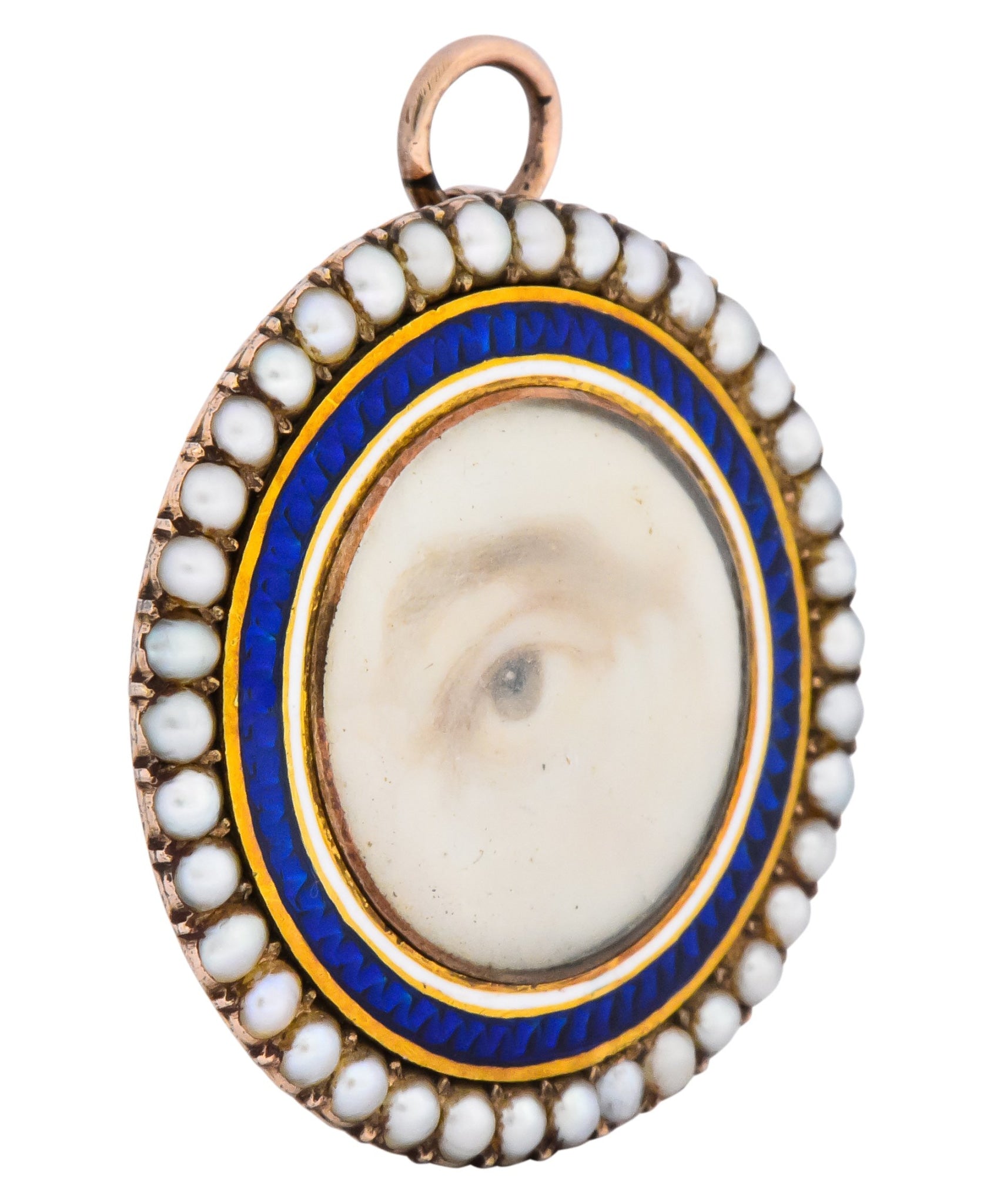 Late Georgian Seed Pearl Enamel 12 Karat Gold Lover’s Eye Pendant Brooch - Wilson's Estate Jewelry