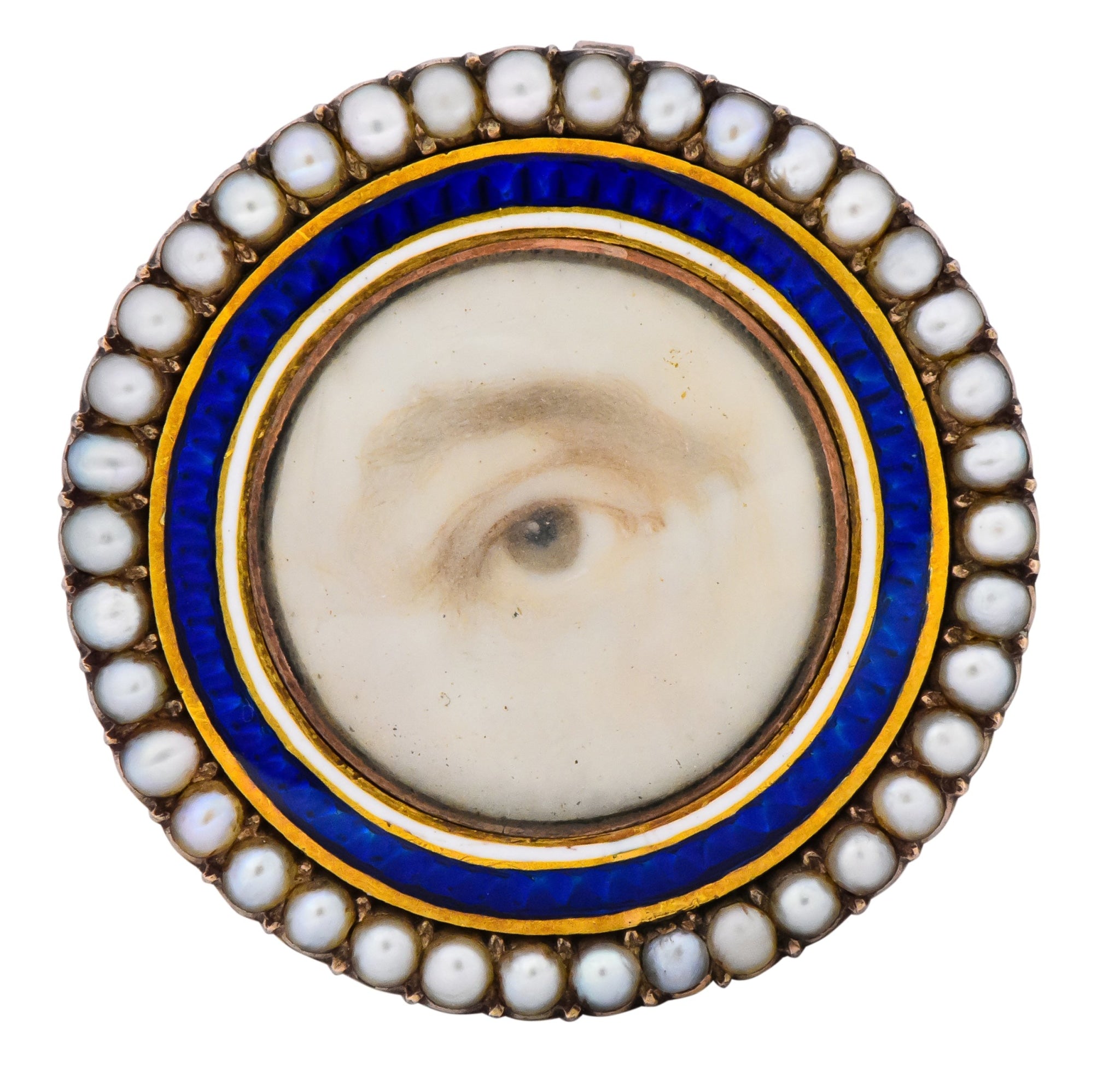Late Georgian Seed Pearl Enamel 12 Karat Gold Lover’s Eye Pendant Brooch - Wilson's Estate Jewelry