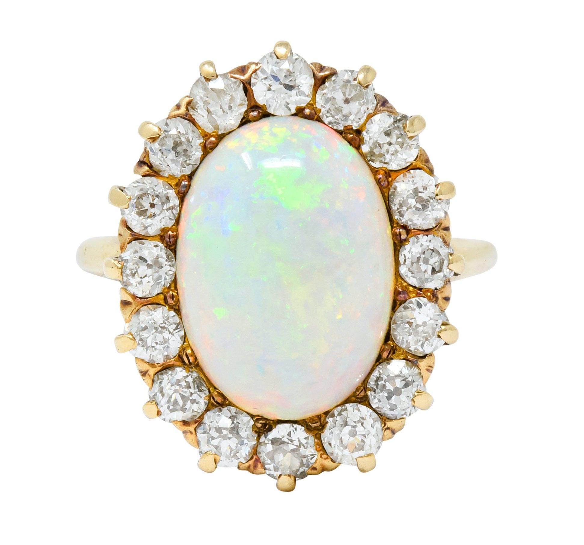 Late Victorian 1.92 CTW Diamond Australian Opal 14 Karat Gold Cluster Ring - Wilson's Estate Jewelry