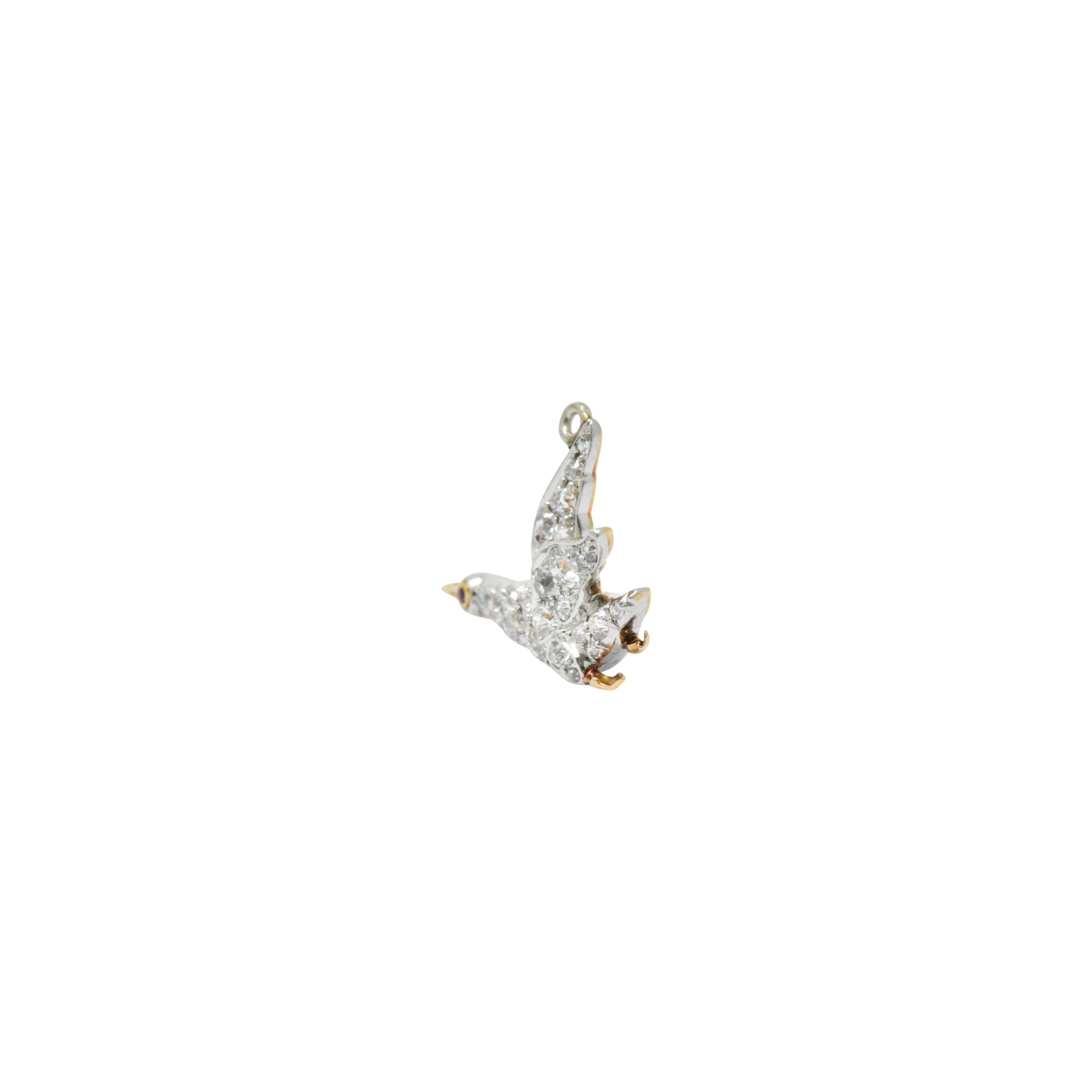 Late Victorian .40CTW Diamond Ruby & Platinum-Topped Yellow Gold Bird Charm Wilson's Estate Jewelry
