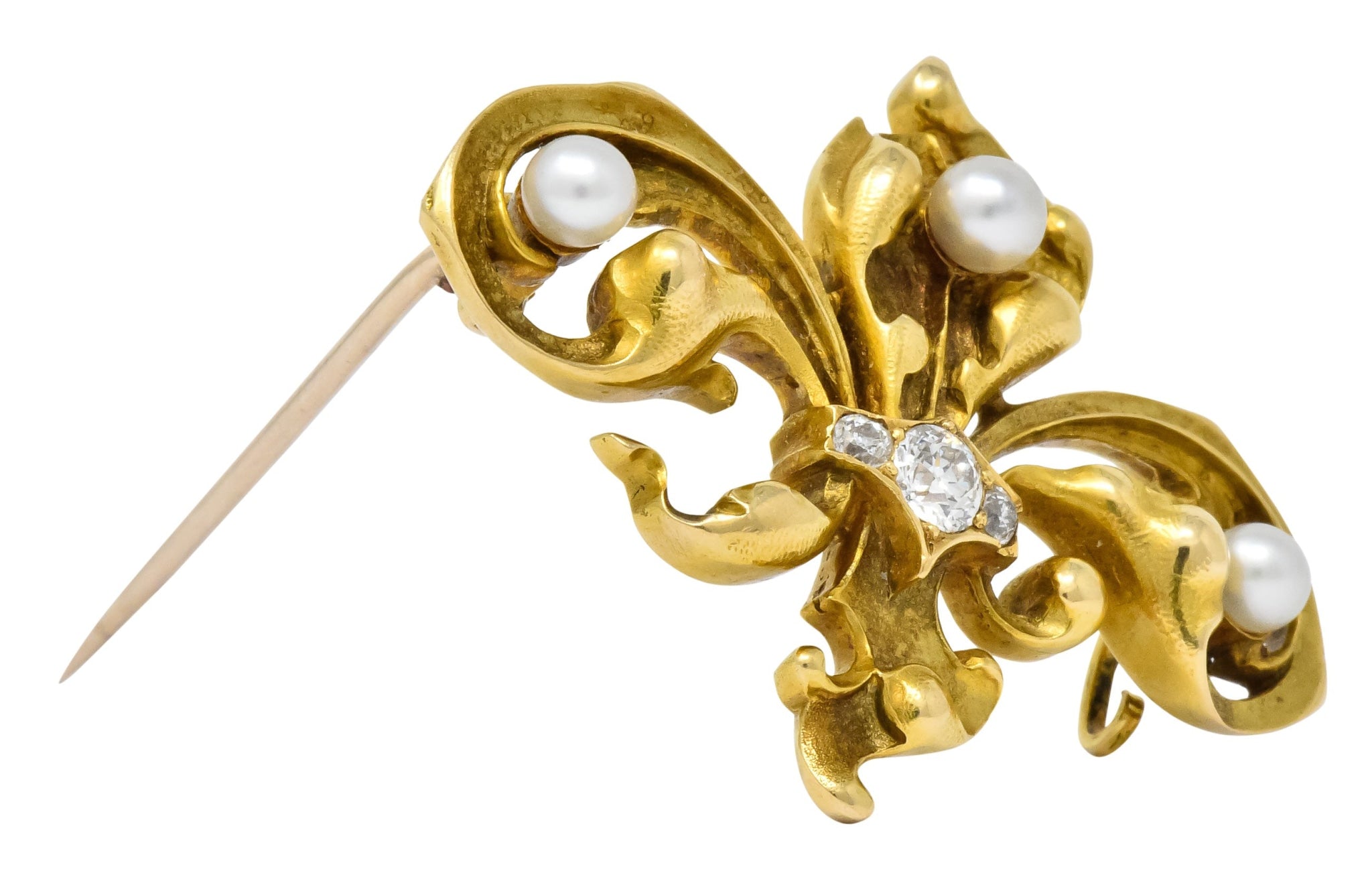 Late Victorian French Fleur-de-lis Diamond Pearl 18 Karat Gold Brooch - Wilson's Estate Jewelry